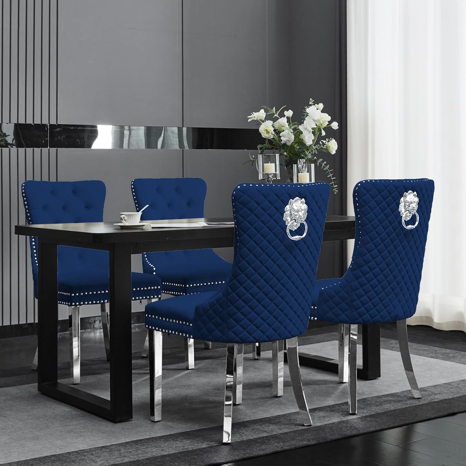 TEMU Luxury Velvet Dining Chair With – Mirrored Chrome Legs, Tufted High Back, Modern Chair For Dining Room Or Vanity ( 2 Chairs )