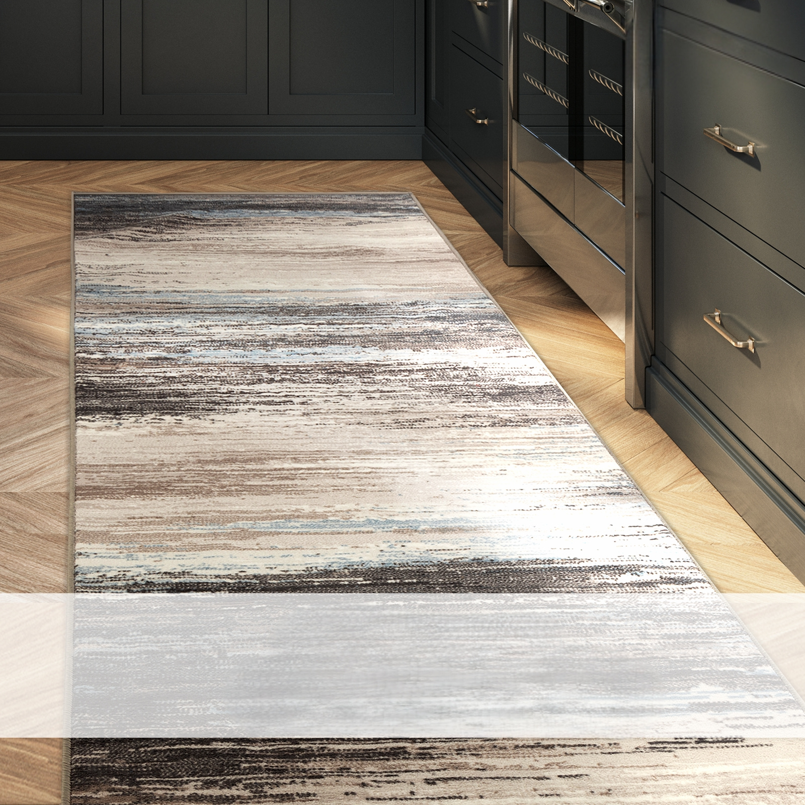 E-shop Floordirekt Teppichläufer Archway - Moderner & Rutschfester Läufer für Küche, Flur & Wohnräume - - Gestreiftes Muster - Grau/Beige