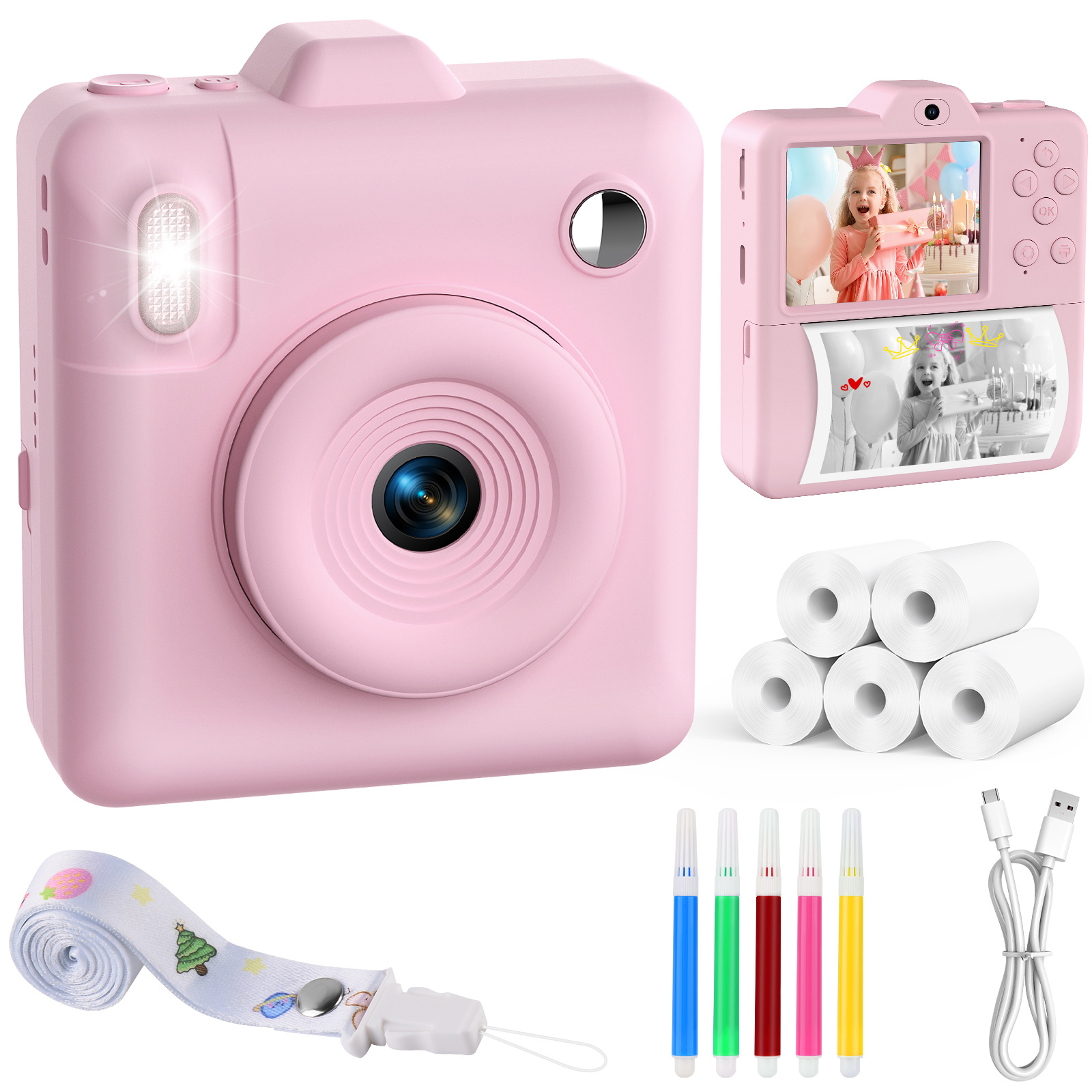 TEMU Kinderkamera Sofortbild - Dual-Objektiv 1080P HD Video Kinderkameras 2.4" Sofortbildkamera für Kinder 5 Rollen Fotopapier Weihnachtsgeburtstags