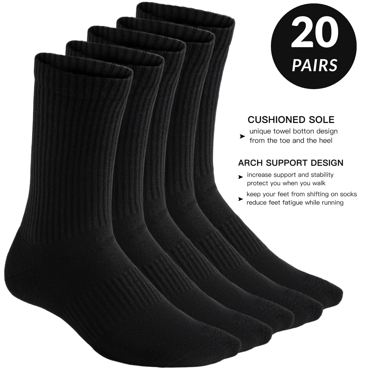 TEMU 20 Pairs Unisex Black Crew Socks Athletic Socks For Cushioned Sole Crew Socks For Running Walking Training & Everyday Uk 6-11 & Eu Size 39-45
