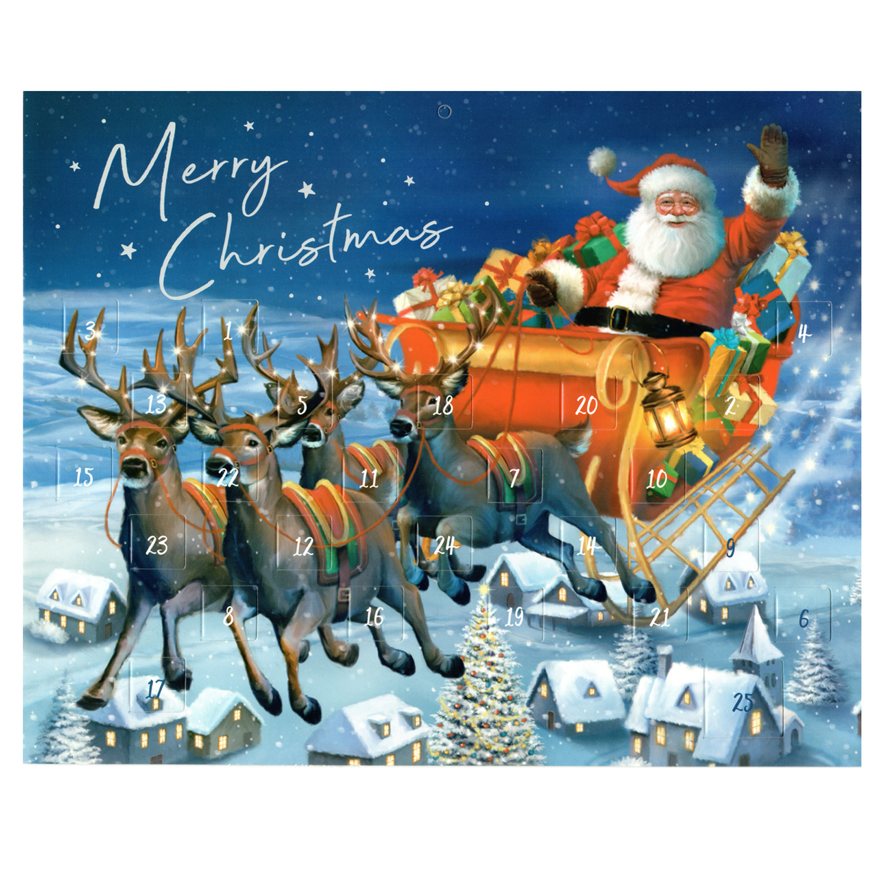 paper christmas advent calendar with gifting envelope 24 windows santa sleigh design