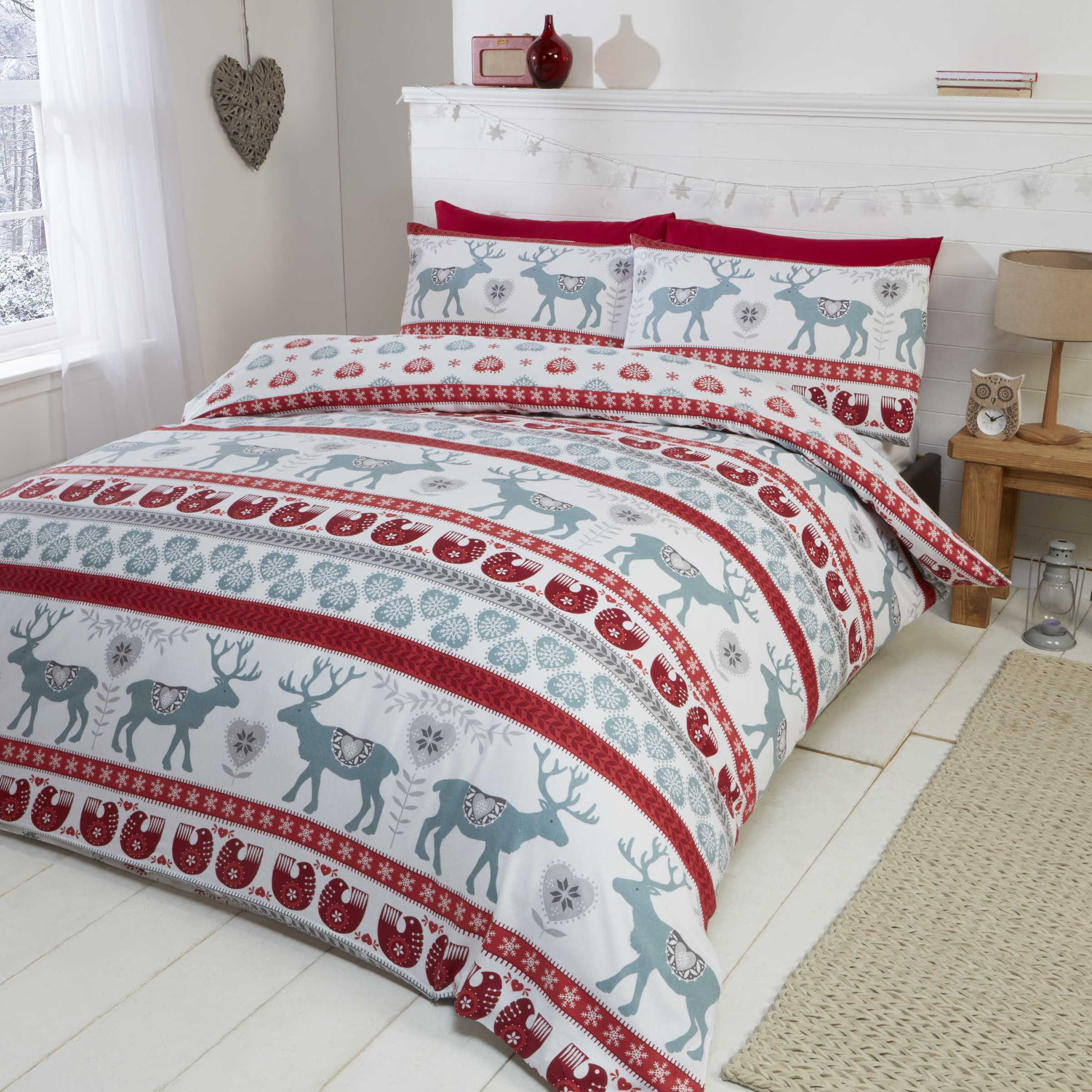 TEMU Scandi Red Duvet Cover Set | Festive Nordic Christmas Bedding For Single, Double, King & Super King Beds Sizes| Reversible Scandinavian Reindeer