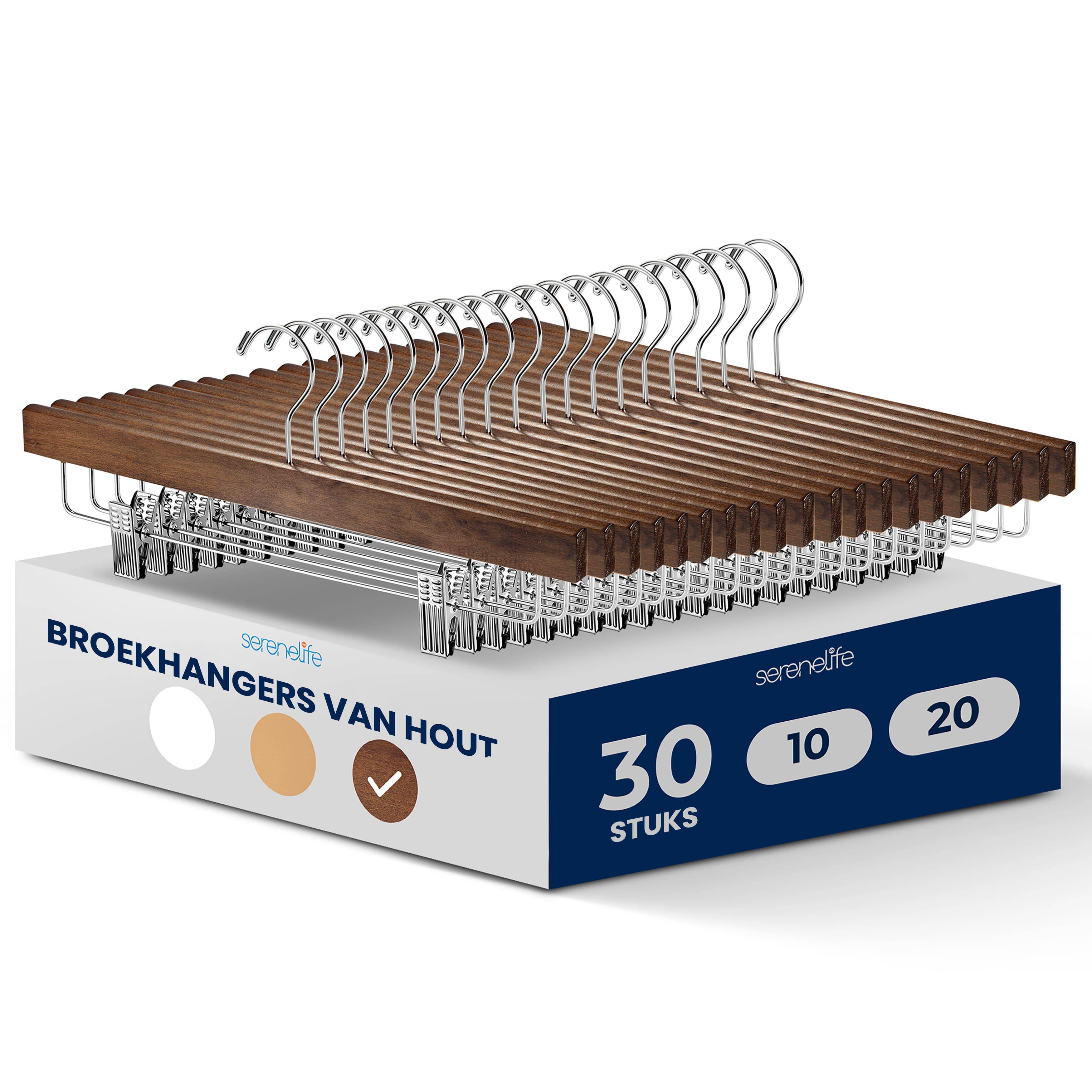 Image of Clothes Hangers - Trousers Hangers - Skirt Hangers - 36 Cm Long - Wood - - With Clamps - Anti-slip - 30pcs - Heavy Quality - 360° Rotatable Hook