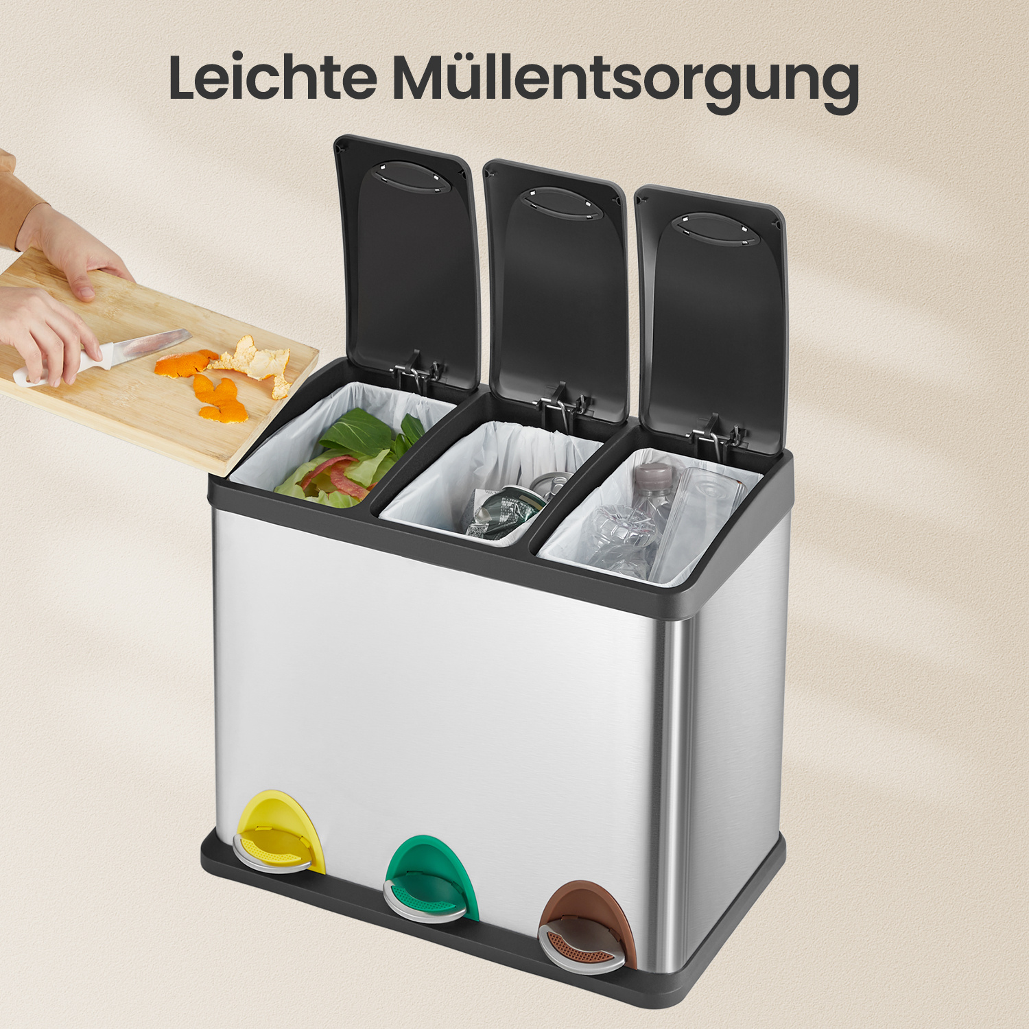 E-shop Mülleimer Küche, mulltrennsystem ,3 x 8 L, Mülltrennsystem 3 Fächer,kleine Kapazität, Abfalleimer mit Deckel, Stahl-Treteimer für kleine