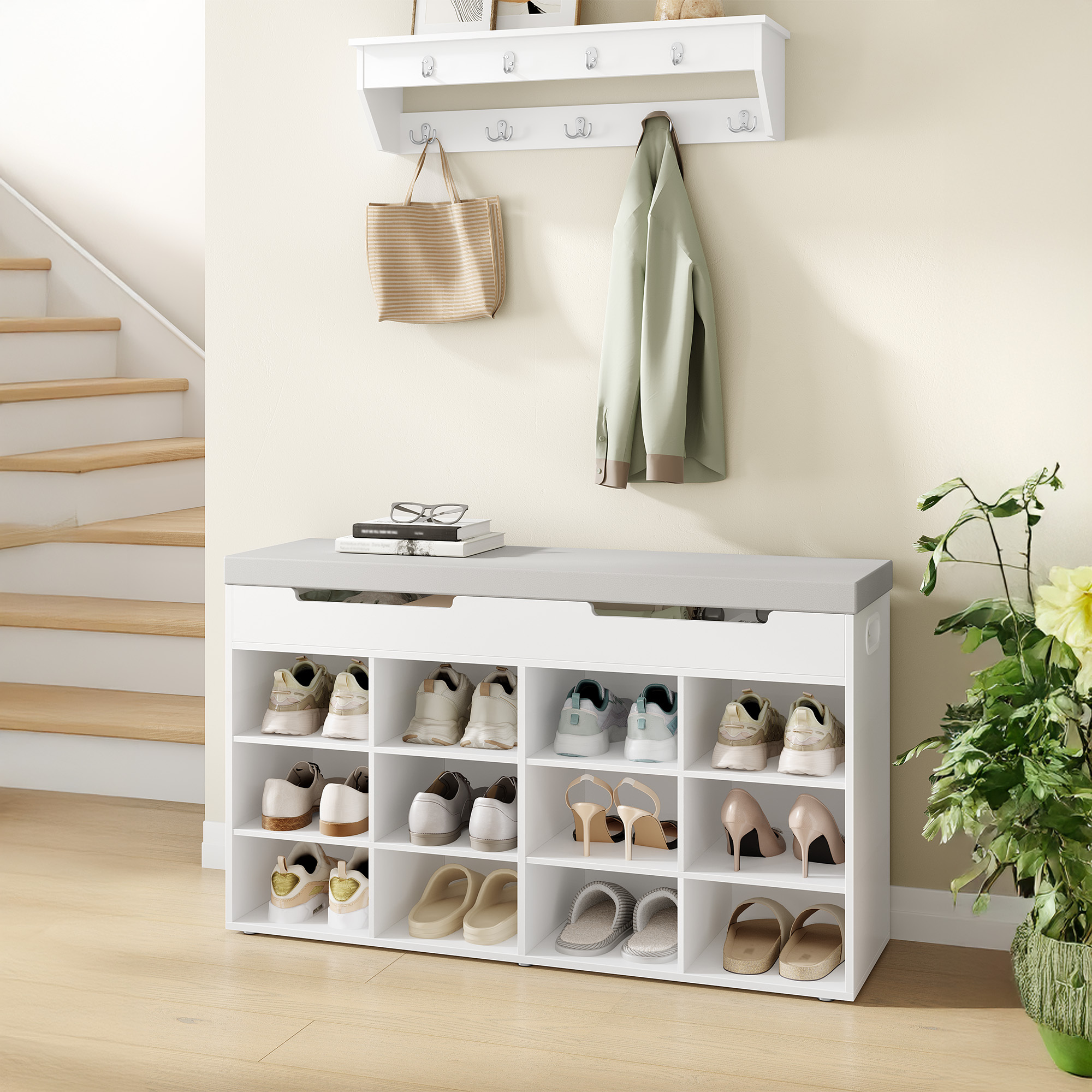 Image of Shoe Bench, Shoe Rack With Seating Area, Bench With Storage, 12 Compartments, Removable Shelves, Suitable For Living Room, Hallway, Entrance, Space-, 30 X 100 X 55 Cm, White