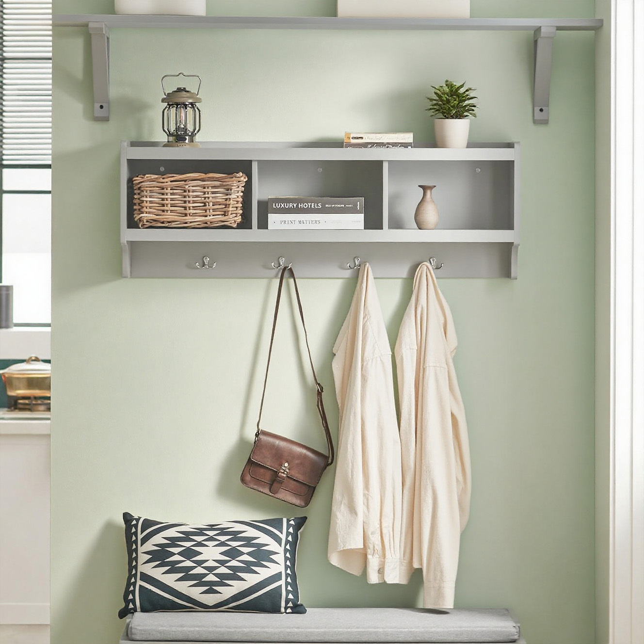 1 Wall-mounted Coat Rack, Storage Shelf, Entryway Furniture, Wardrobe With 3 Compartments And 4 Double Hooks, 100x25x35 Cm, Grey - Gil39-ih