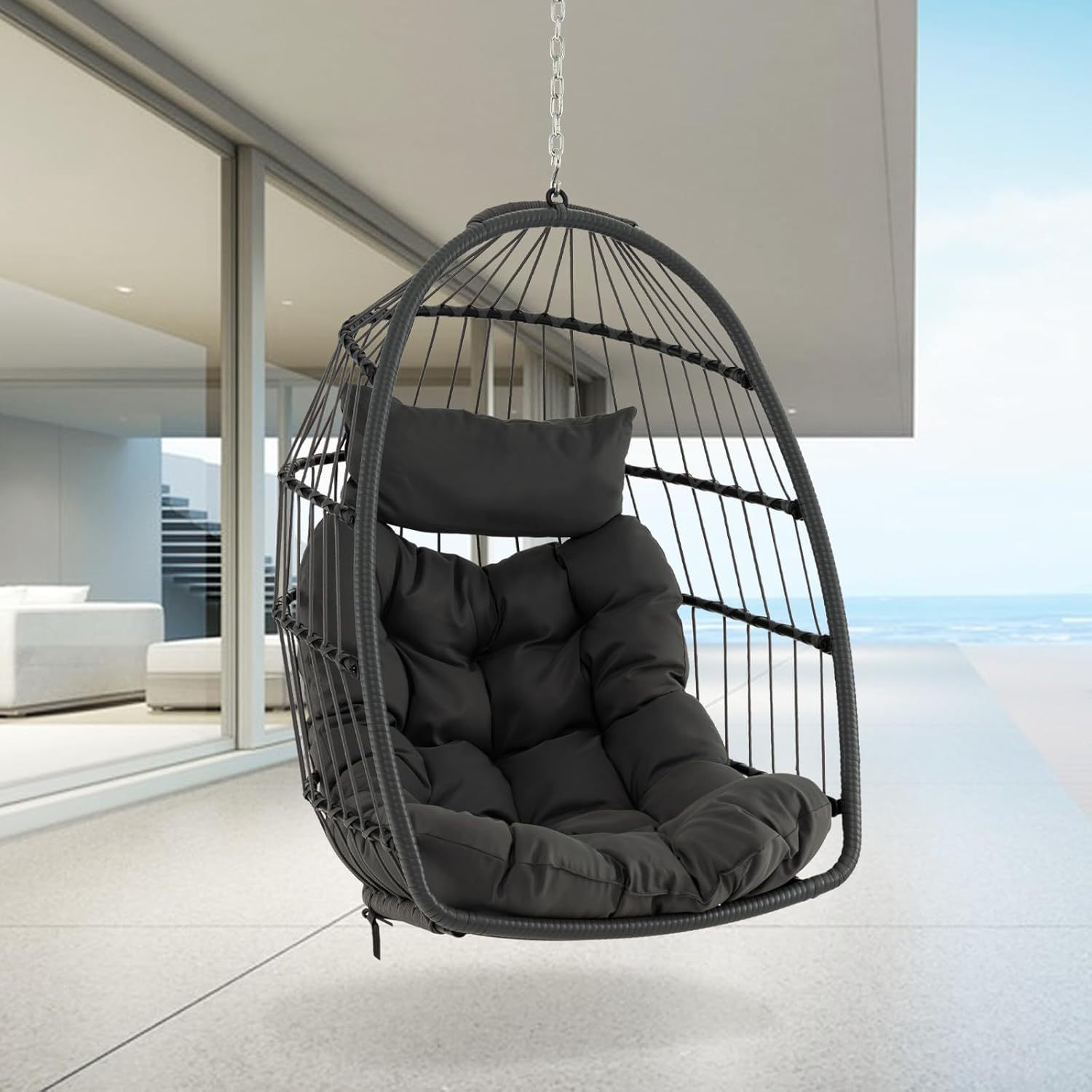 Image of Hanging Egg Chair, Egg Swing Hammock Chair Head Pillow And Large Seat Cushion, Indoor Outdoor Wicker Basket Hanging Chair