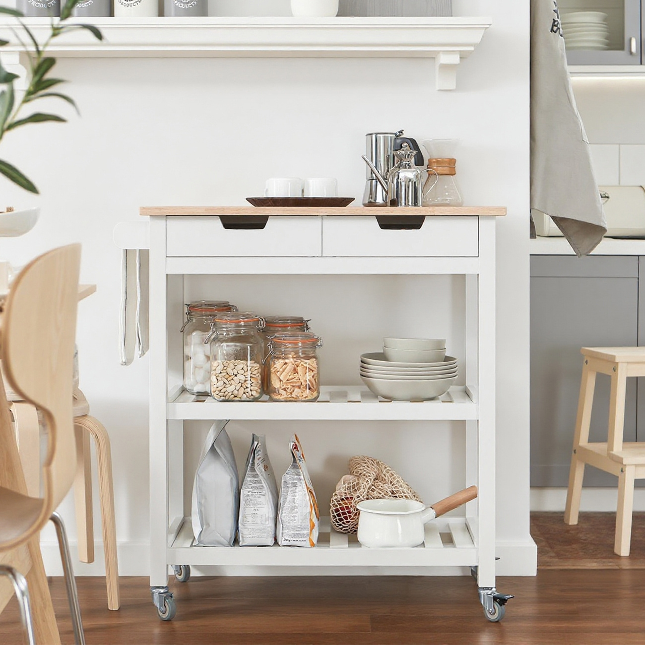 TEMU 1 pieza Carro de Servicio de Desayuno con ruedas Mesa Mueble de Almacenamiento Cocina con 2 Cajones, 2 Estantes y 1 Porta Paños - GLX79-XO