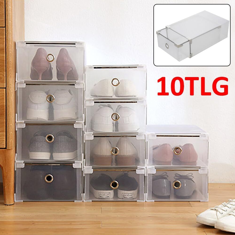 E-shop 10 Stück Set Schuhkartons Schuhkarton Schuhkarton Schuhaufbewahrung Aufbewahrungsbox mit Deckel transparenter Kunststoff stapelbarer Organizer