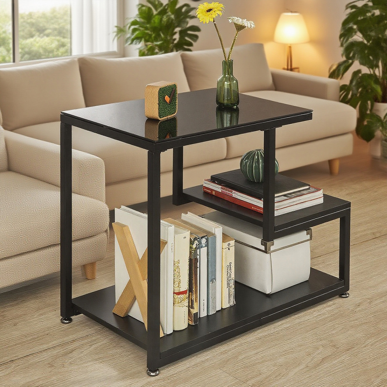 TEMU 1 Final Piece Of Sofa Auxiliary Table With 3 Storage Shelves - Black - Gcu76-