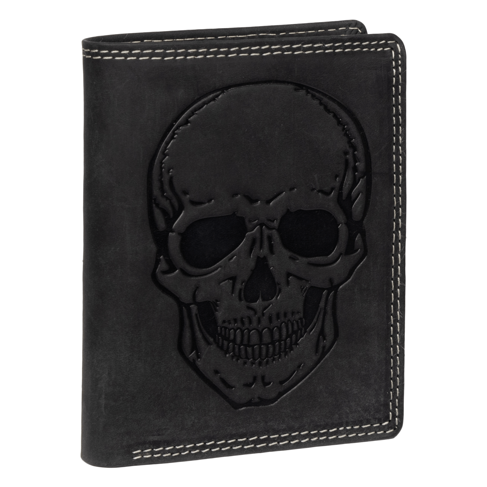 Image of Rfid Buffalo Real Leather Men's Wallet With Embossed Motif Black Vertical Format Skull