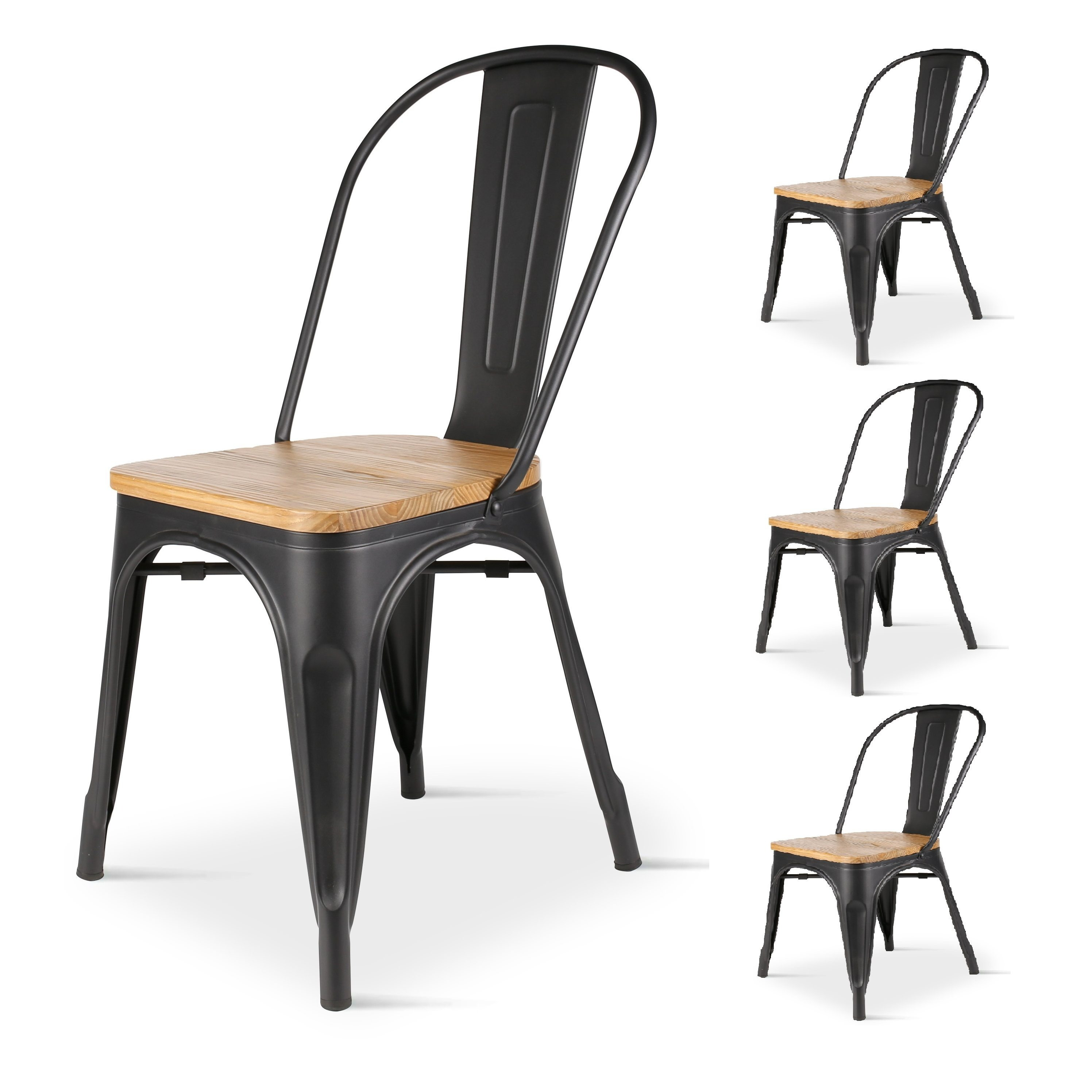 TEMU Lot de 4 chaises en métal et assise en bois - Style industriel
