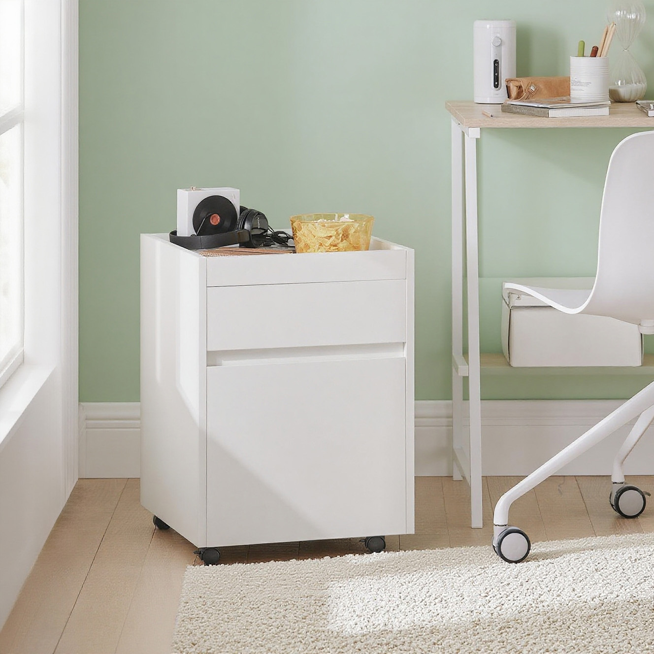 1pc Of Office Cart, Printer Table, Office Container, File Cart With 2 Drawers, Shelf And Casters For Desk, Home Office, Study, Living Room, Office, White, 40x54x40cm Sobuy - Gcu232-x