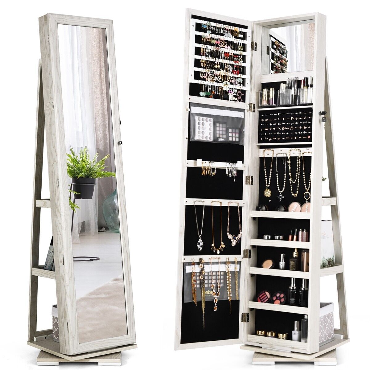 TEMU 360°rotating Mirrored Jewelry Armoire, Freestanding Jewelry Cabinet W/ Full-length Mirror & Inside Makeup Mirror, Lockable Cosmetics Storage