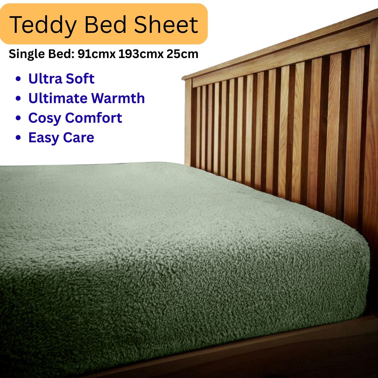 TEMU Luxury Teddy Brushed Fleece Fitted Sheet Sage Green | Bed Linen With Elastic Corners 25cm Deep Pocket | Plain Dyed Super Soft And Winter Bedding
