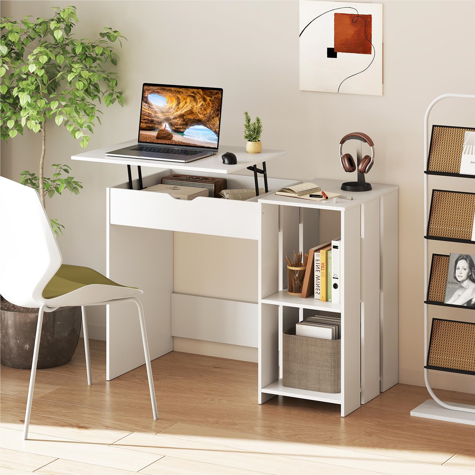 Desk With Lift-top, Small Extendable Computer Desk, Children's Desk With 2 Open Compartments, Pc Table For Home Office, White, 100 X 49 X 75 Cm