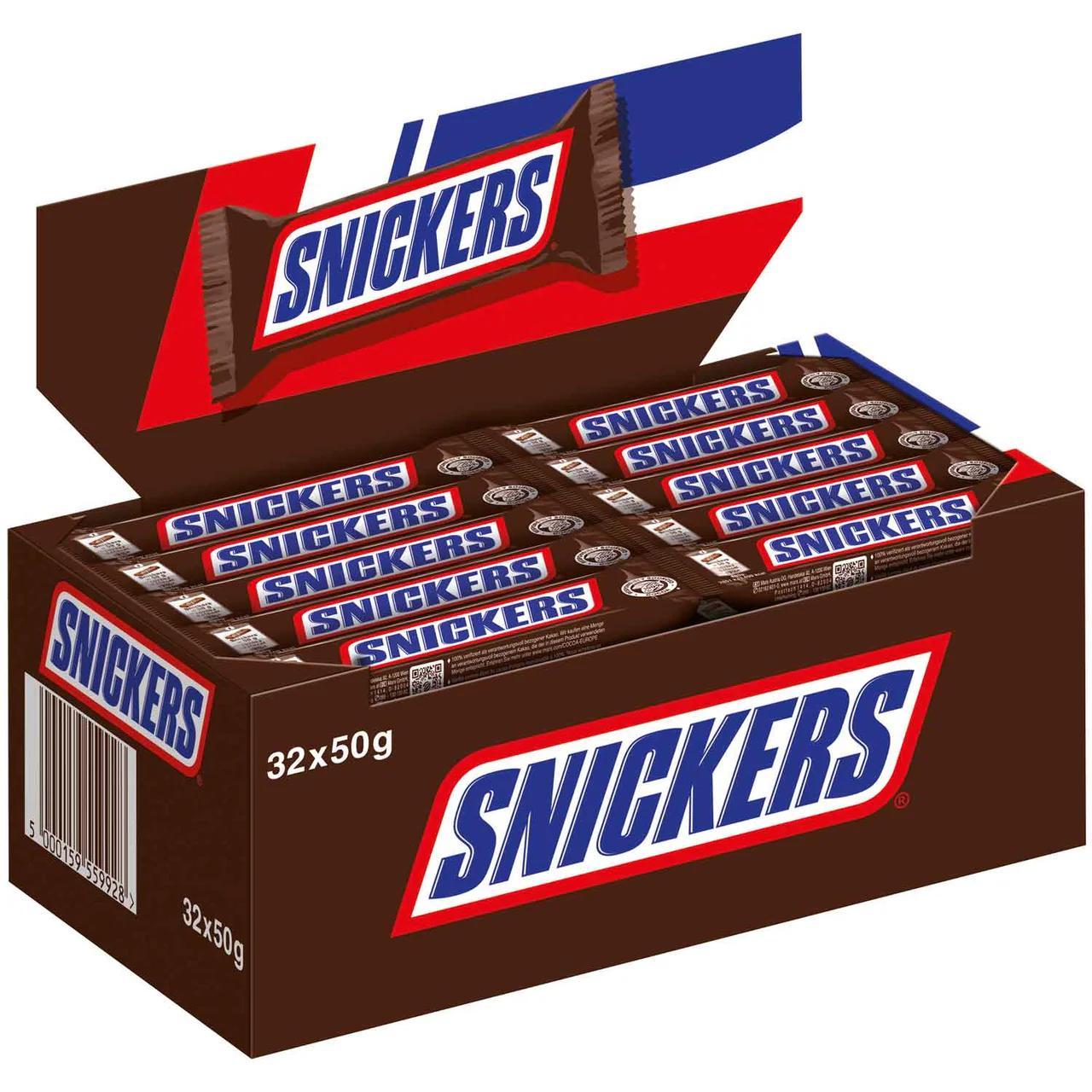 E-shop Snickers Schokoriegel – 32 x 50 g (1,6 kg Vorratspack) – Milchschokolade mit Erdnüssen, Karamell & Nougat