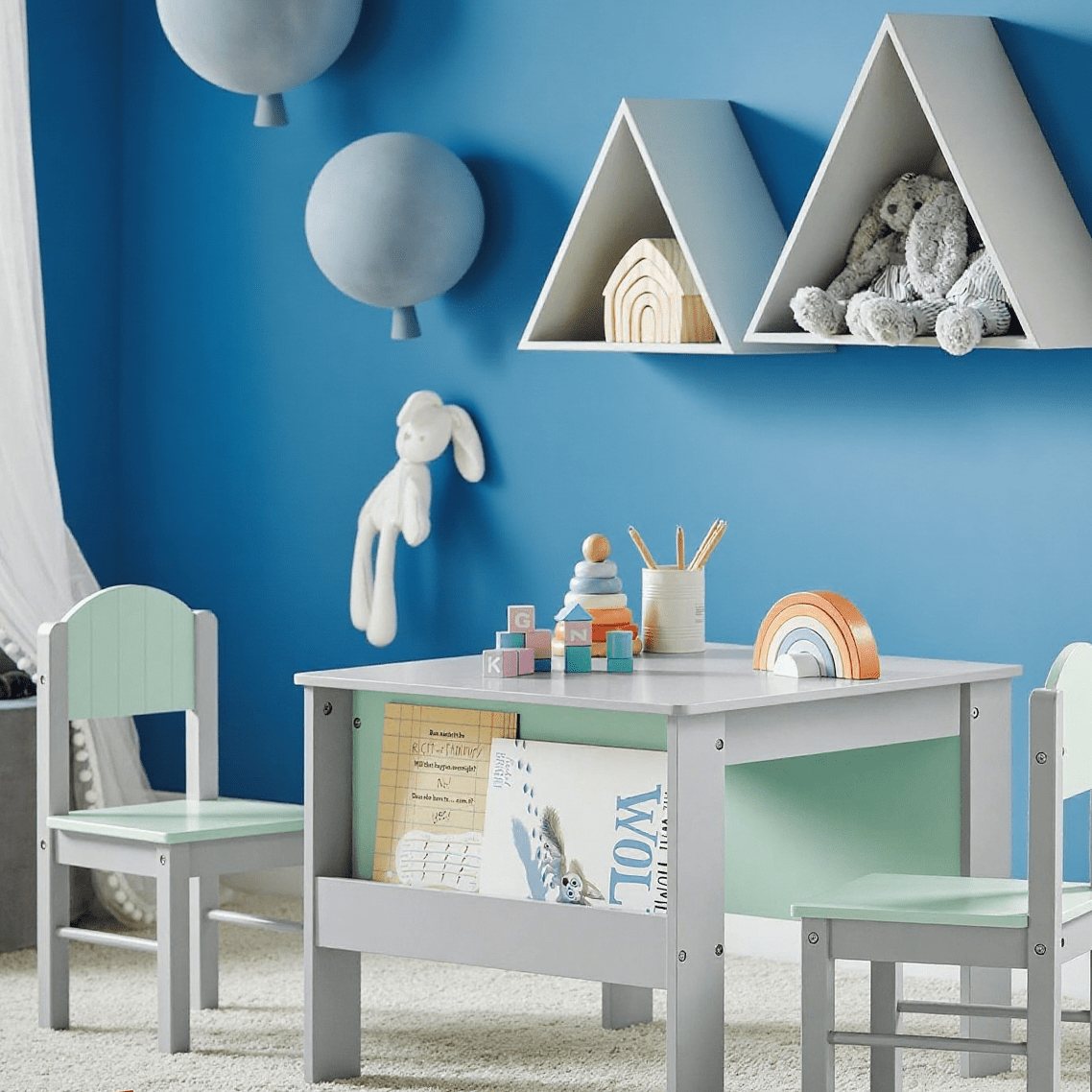 1-piece Kids' Table With 2 Chairs, Children's Desk Set With 2 Side Bookshelves, Light Gray And Light Green - Lnc99-ih