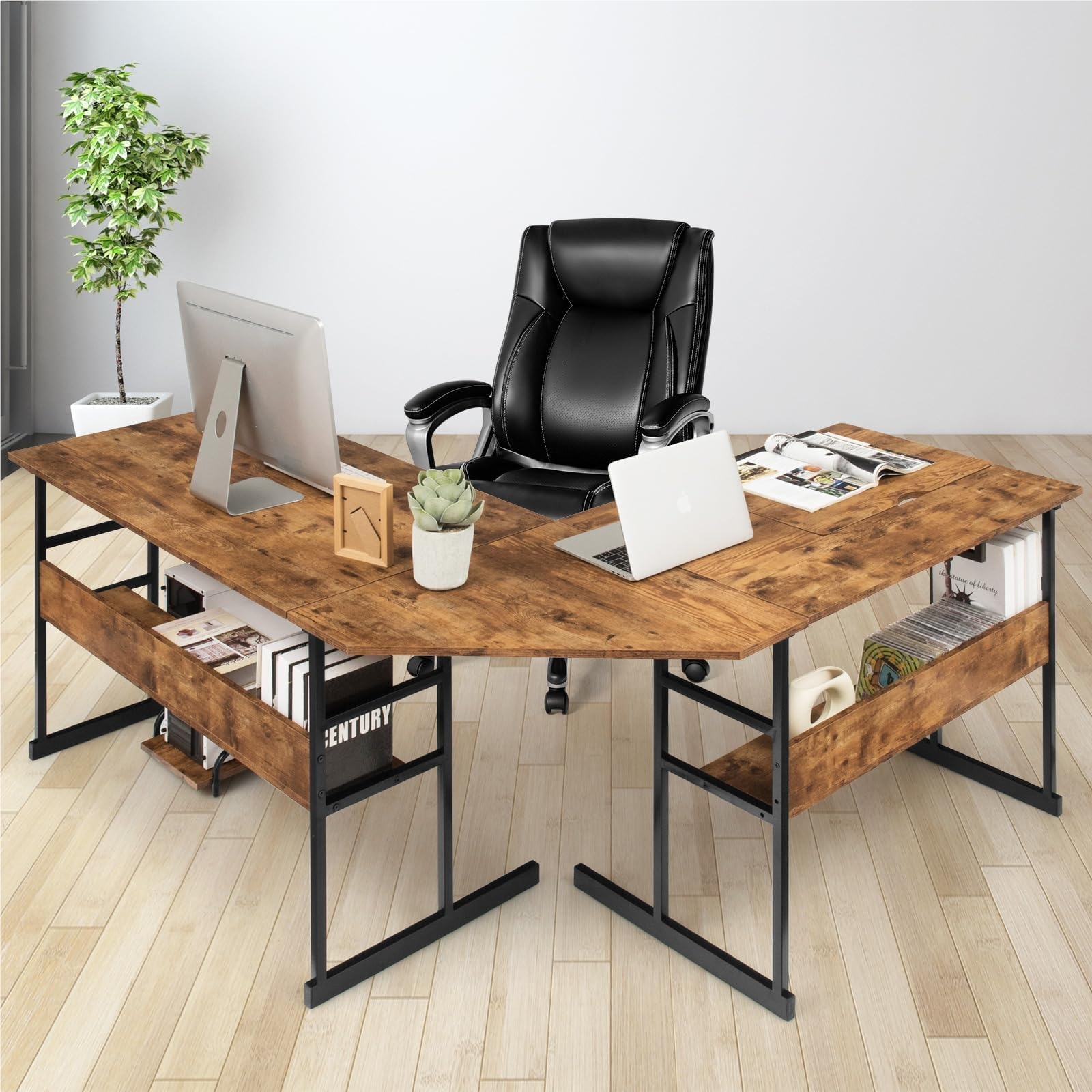 L-shaped Desk, Wooden With Tiltable Tabletop, 2 Shelves & Cpu Stand, Computer Desk For , 170 X 150 X 75 Cm (brown)
