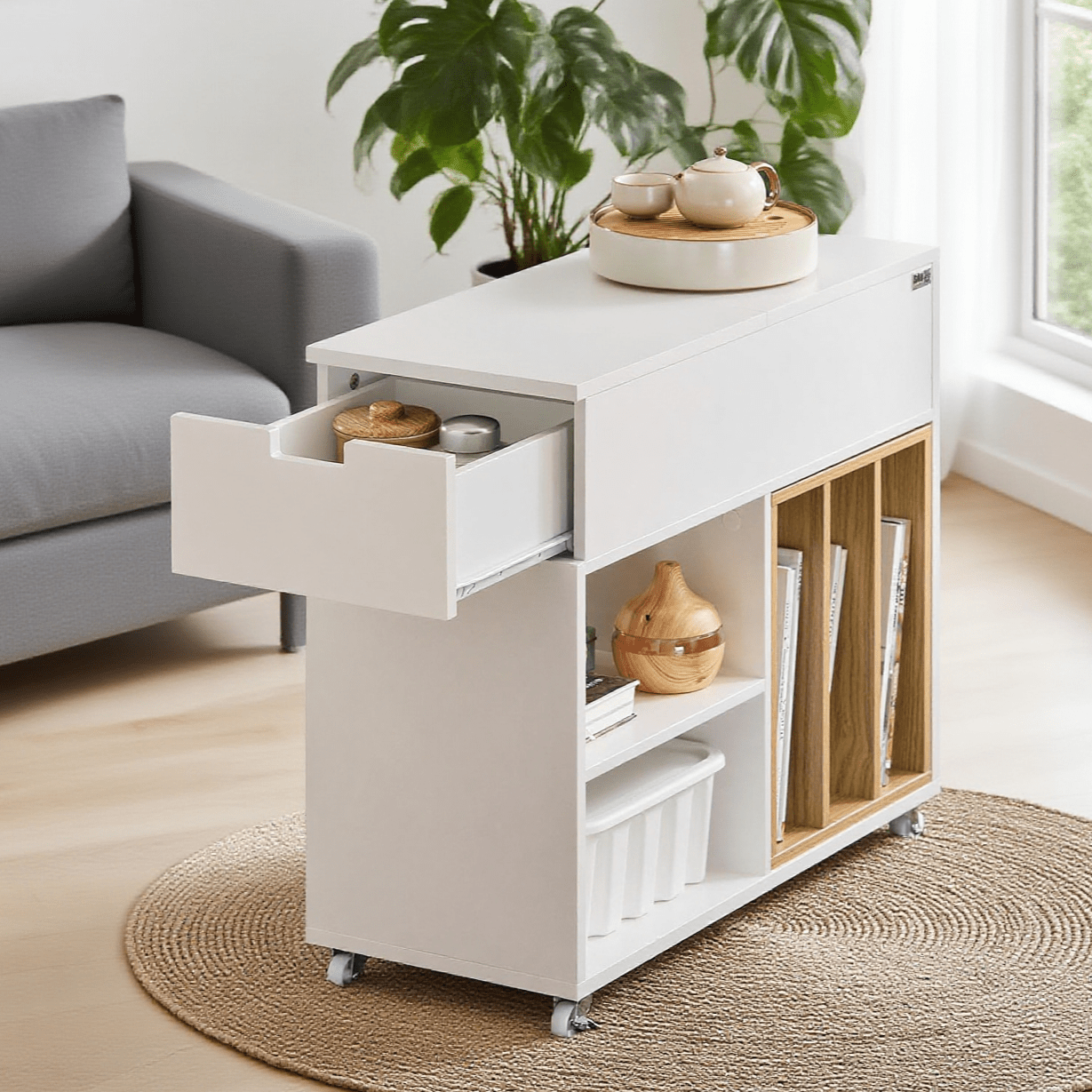 Filing Cabinet, Mobile File Cart, Printer Desk, Printer Stand, Rolling Storage Container With 4 Wheels, Office Cabinet, White, Bht . 30x61x70cm, Fbt134-w