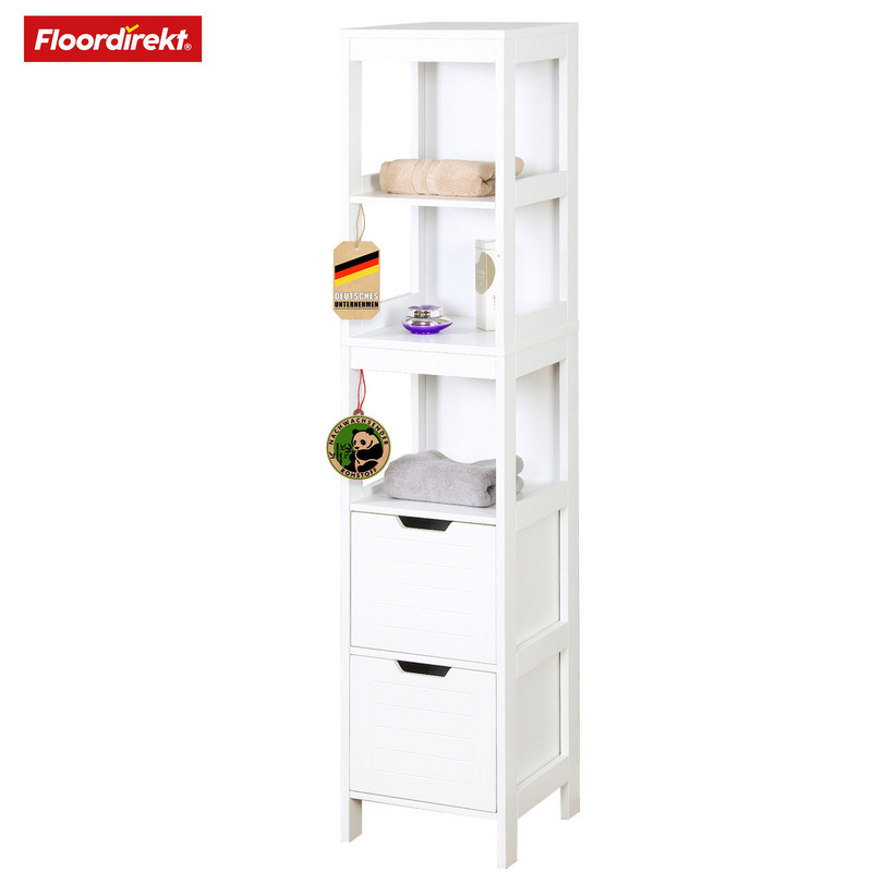 TEMU FLOORDIREKT Meuble de Salle de Bain - Blanc, Meuble de Salle de Bain Mince - avec 5 Compartiments pour Petites de Bain et WC