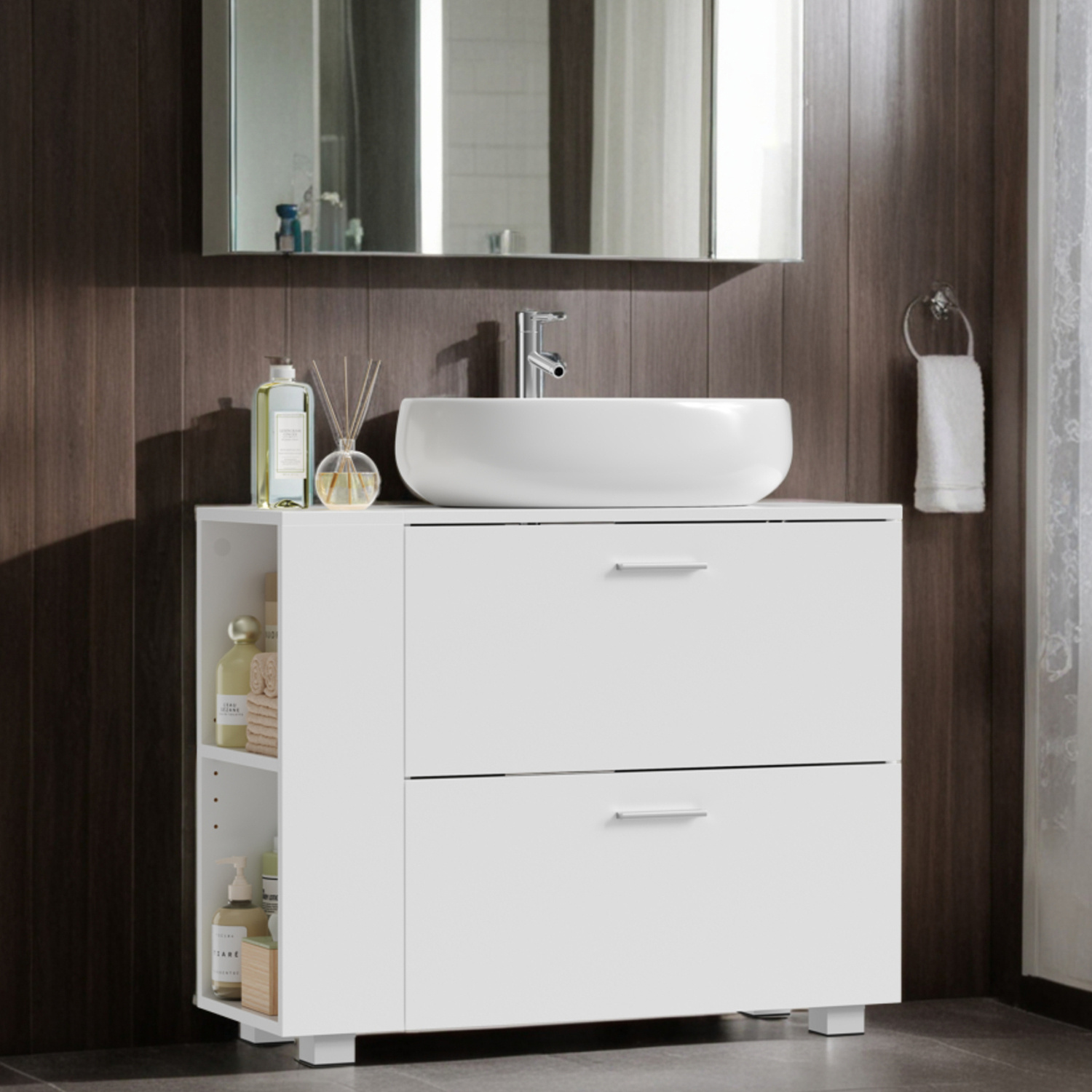Sink Cabinet, Open Shelves, Bathroom Cabinet, Large Opening For Siphons, 30 X 80 Cm, White
