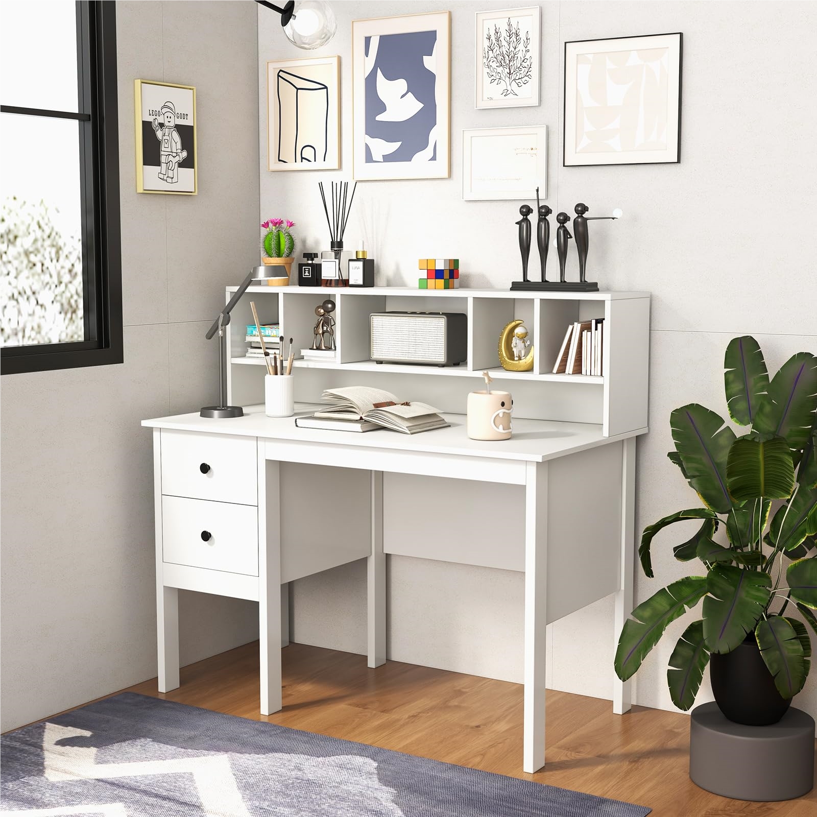 Image of Desk With 2 Drawers And 5 Compartments, Computer Desk, Children's Desk, Pc Desk, Home Office Desk, Office, White, 120 X 60 X 110 Cm