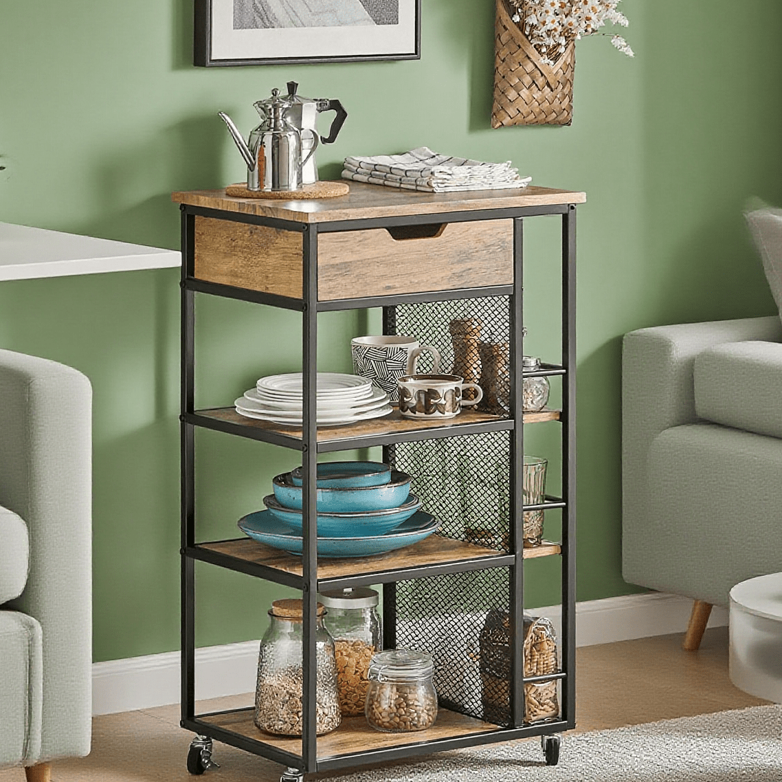 Chariot de Service avec 6 Étagères et 1 Tiroir, Table d'Appoint, Chariot, Chariot à Thé, Chariot de Bar, Chariot de Cuisine, Chariot de Cuisine, Étagère de Cuisine avec Roulettes BHT Approx.: 50X87X37Cm FKW99-N