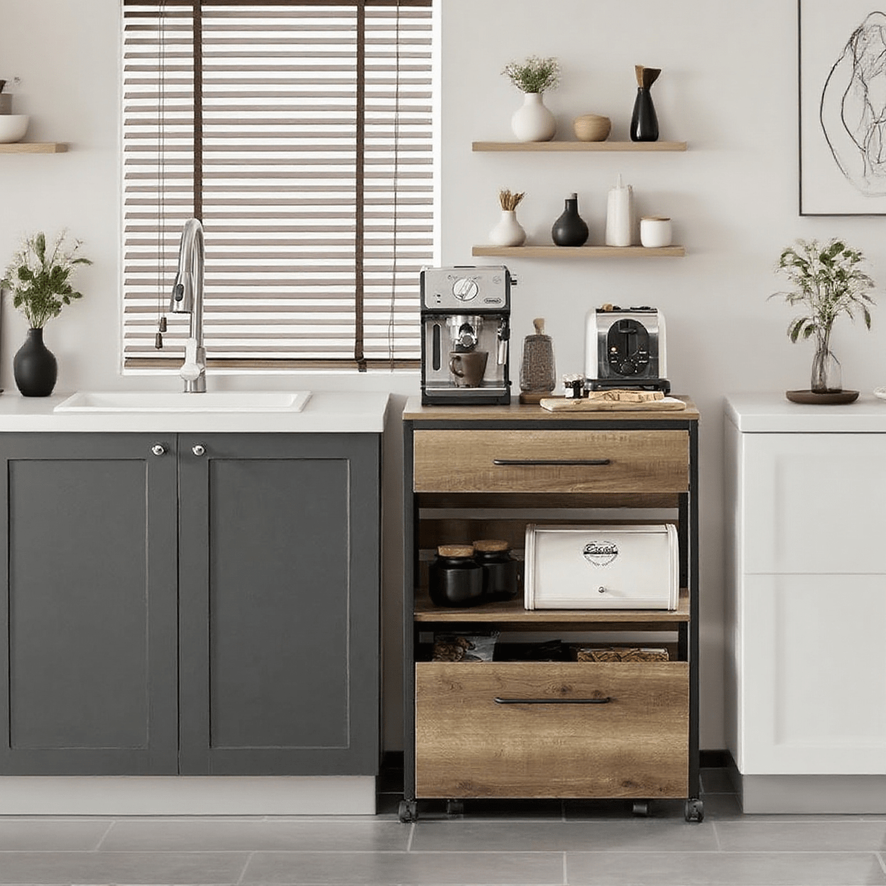 Image of Serving Cart With 1 Removable Storage Chest, Kitchen Cart On Wheels, Rolling Cart, Bar Cart, Vintage, Bht . 60x90x45cm, Sobuy Fkw118-pf