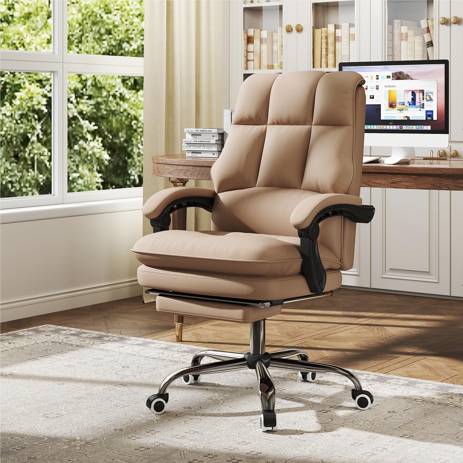 Image of Ergonomic Office Chair With Retractable Footrest, Executive Chair With Adjustable High Backrest, Softly Padded Desk Chair Made Of Artificial Leather, Computer Chair, Coffee