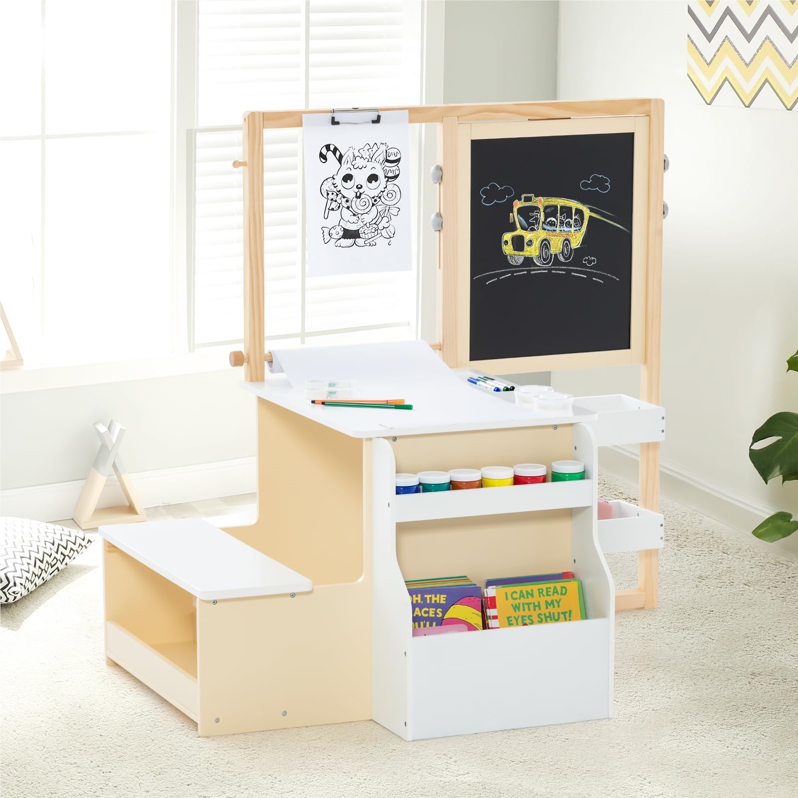 6 in 1   Easel Set, Wooden Standing Desk with Double-Sided Chalkboard & Whiteboard & Paper Roll, Height-Adjustable   Table with Bench, Storage for Children from 3 Years Old (White)