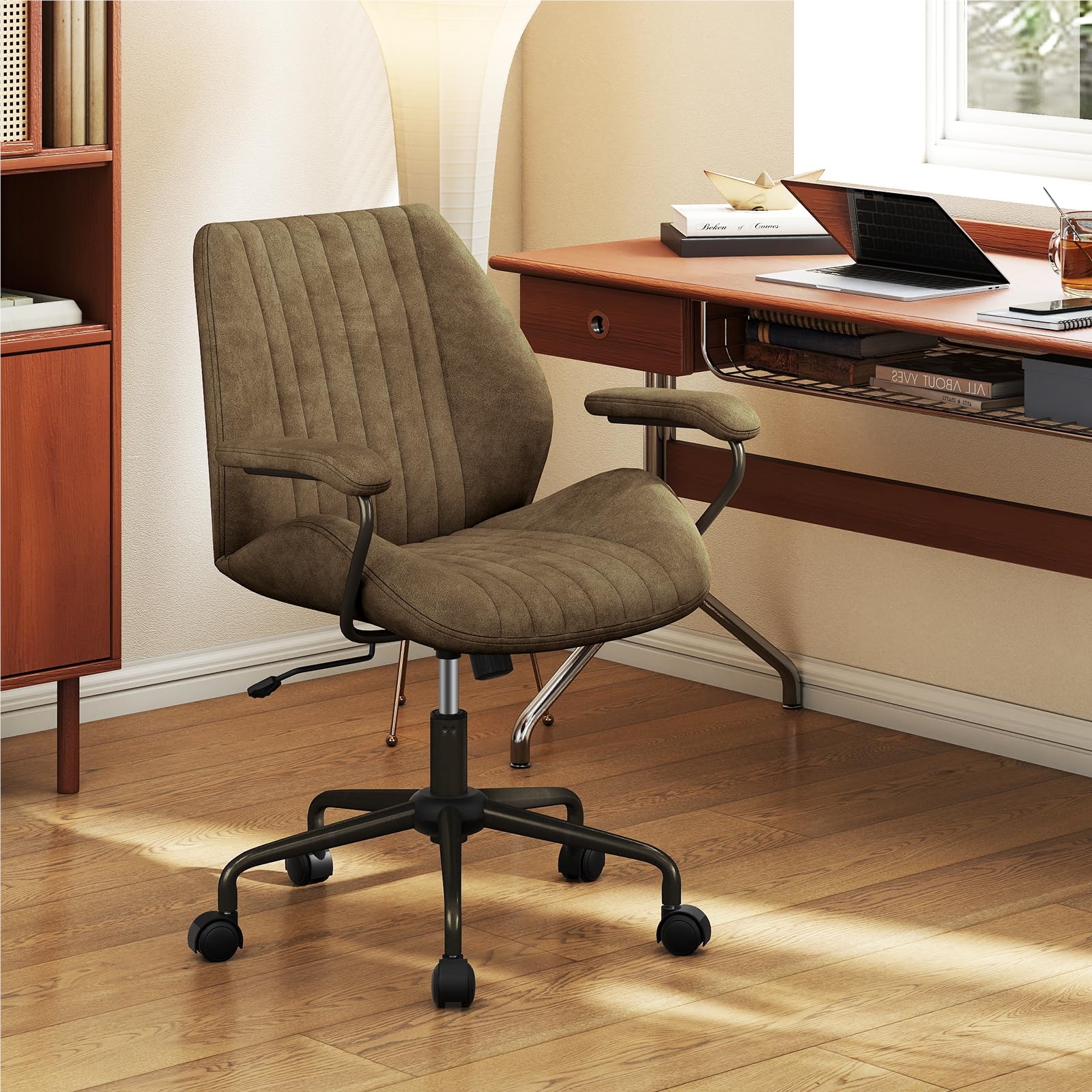 Image of Office Chair, Ergonomic Swivel Chair With Padded Armrests, Computer Chair, Height-adjustable, Tilt Function, Desk Chair For Bedroom & Study, Olive Green