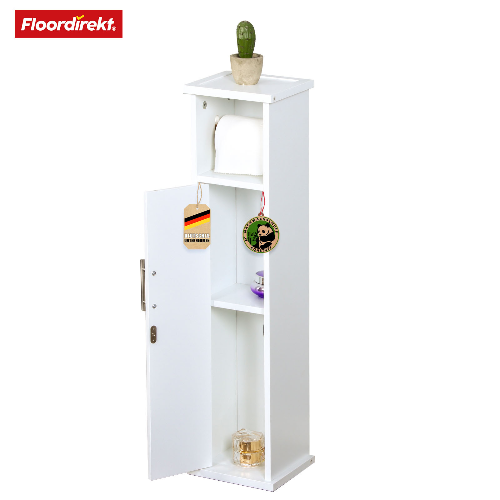 Image of Floordirekt Bathroom Cabinet - Slim, Compact Cabinet For Bathroom & Guest Toilet - Stylish - Includes Toilet Paper Holder