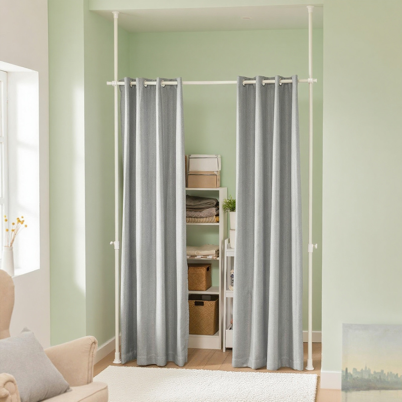 Image of 1pc Modular Screen, Telescopic Blackout Curtain, Adjustable Room Divider (l162-266xh199-262cm), Heat Insulation, For Living Room, Office, Bedroom And Kitchen, Grey, - Sobuy Lmt23-ih