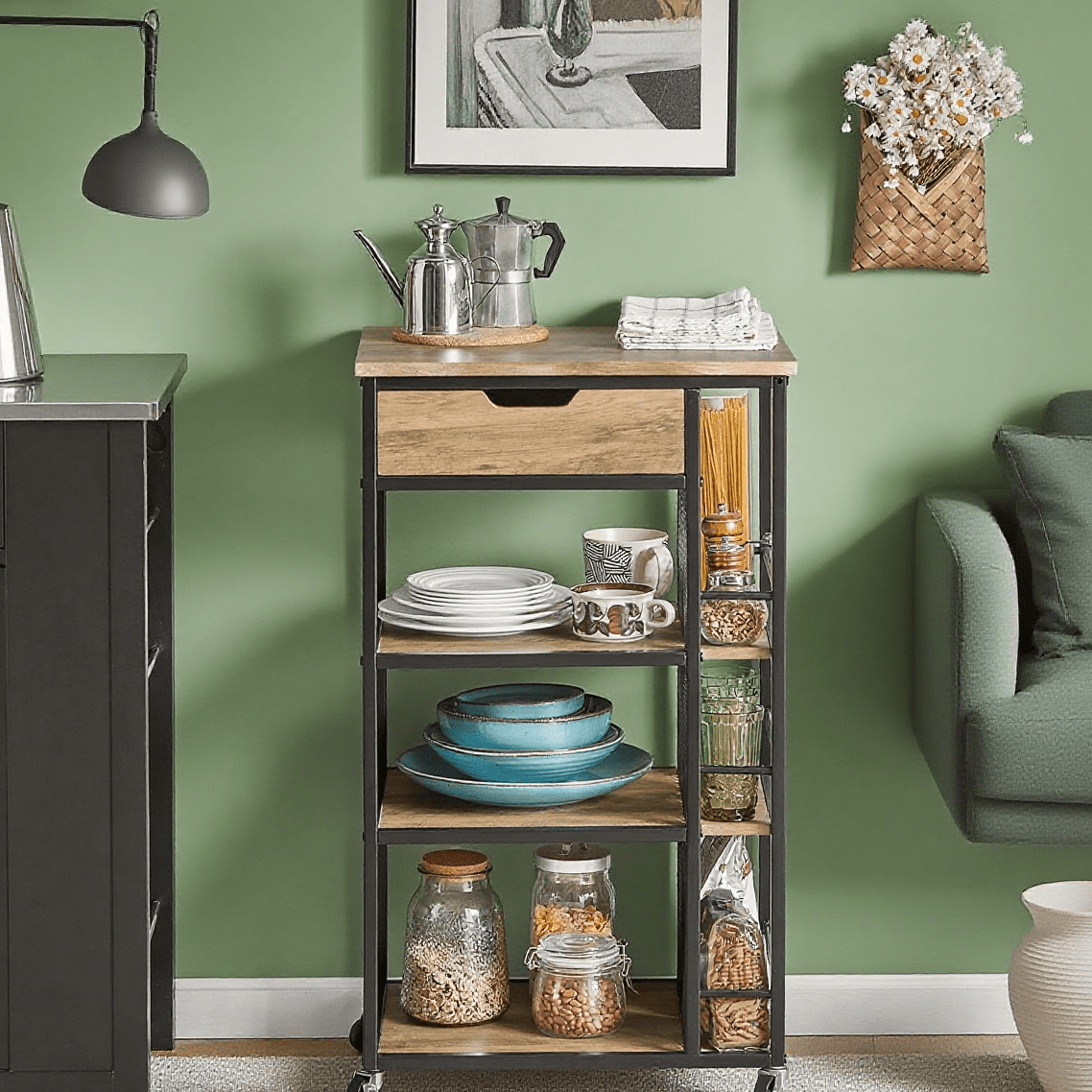 Chariot de Service avec 6 Étagères et 1 Tiroir, Table d'Appoint, Chariot, Chariot à Thé, Chariot de Bar, Chariot de Cuisine, Chariot de Cuisine, Étagère de Cuisine avec Roulettes BHT Approx.: 50X87X37Cm FKW99-N