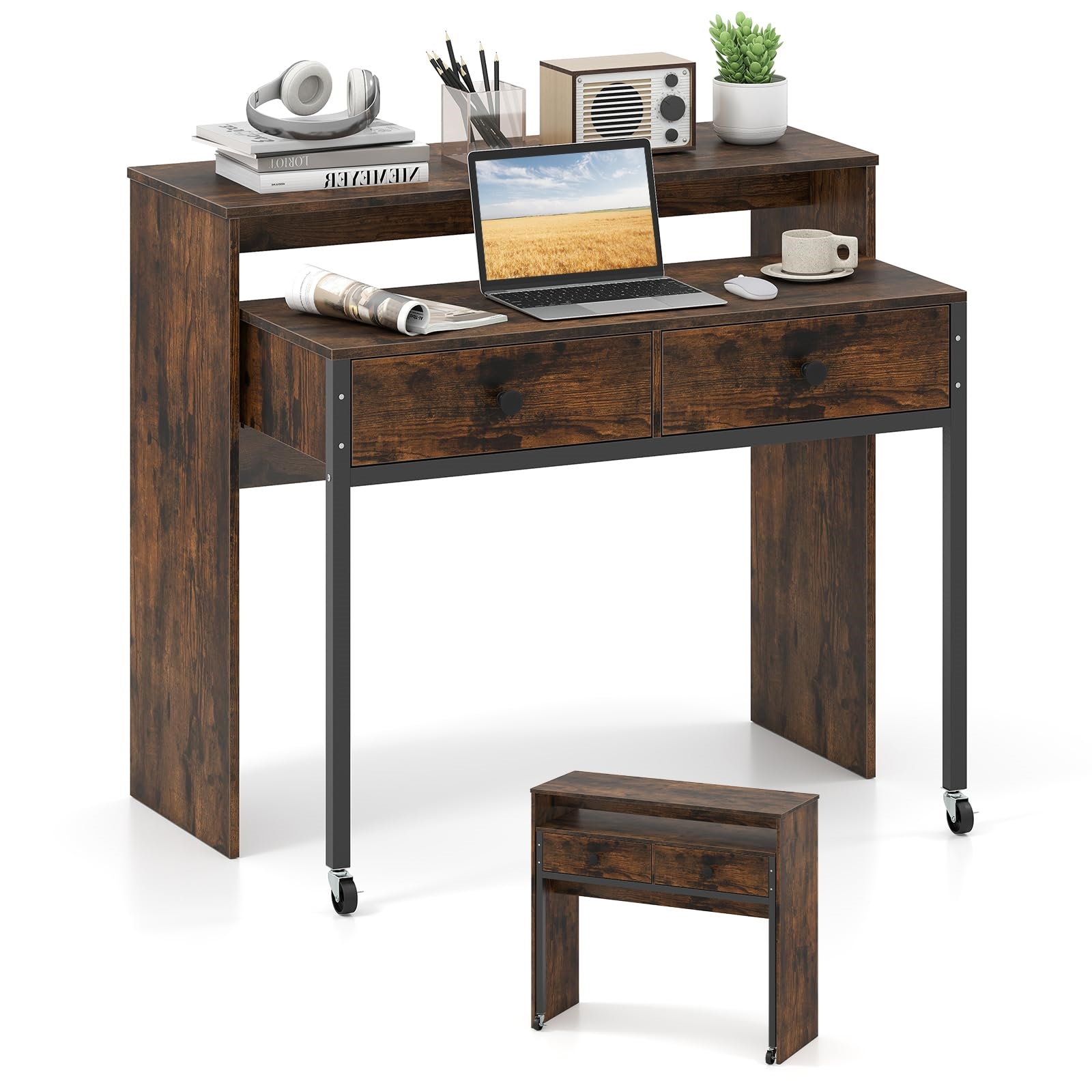 Extendable Desk, Small Computer Desk With 2 Drawers & Wheels, Office Desk With Metal Frame, Work Table, Pc Desk For Home, Office, 100 X 88 Cm (brown)