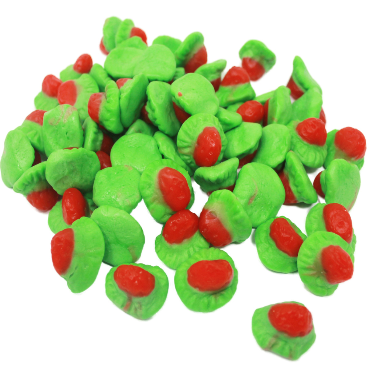 Image of Fruit Gum Jelly Strawberries With Green Fruit Gum Base Halal 300g