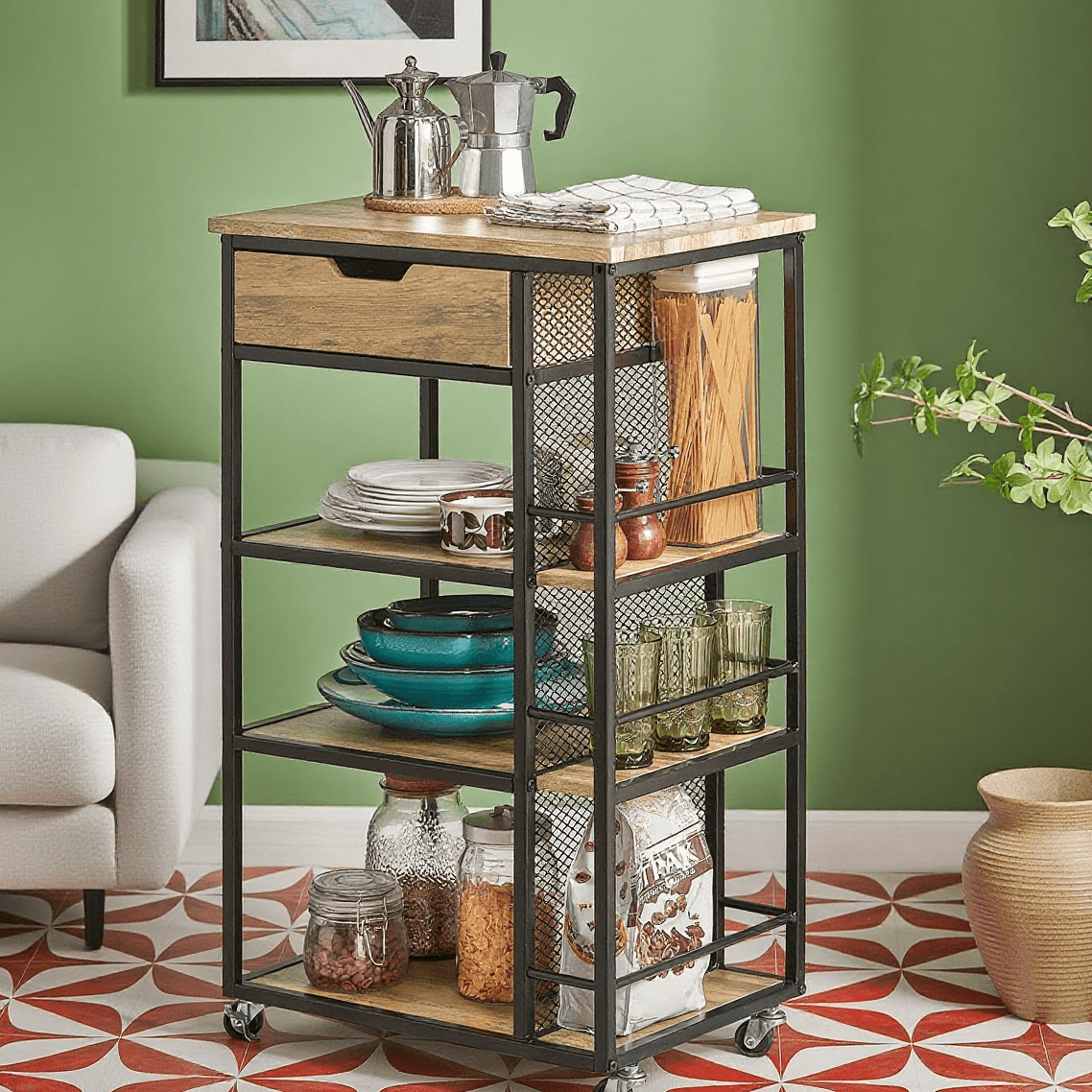 Chariot de Service avec 6 Étagères et 1 Tiroir, Table d'Appoint, Chariot, Chariot à Thé, Chariot de Bar, Chariot de Cuisine, Chariot de Cuisine, Étagère de Cuisine avec Roulettes BHT Approx.: 50X87X37Cm FKW99-N