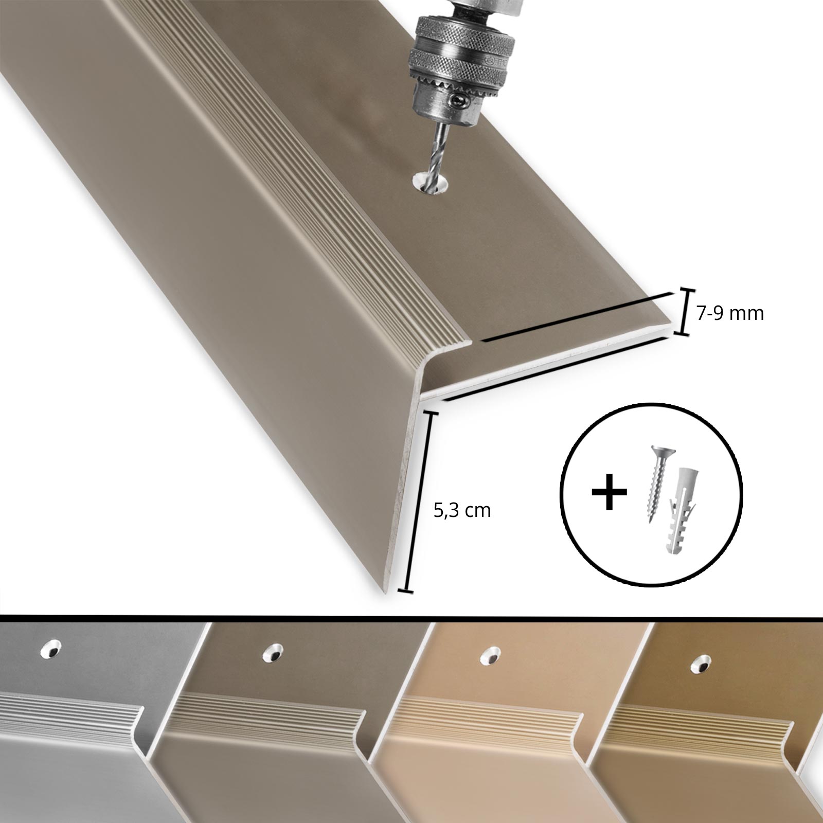 Image of Floordirekt Stair Edge Profile Safety - F-shaped - Made Of Aluminum - 1 Piece - Includes Mounting Hardware - 3 Lengths & - Pre-drilled