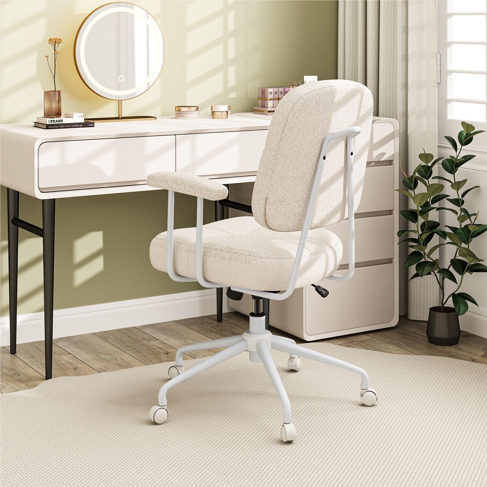 Image of Office Chair, Ergonomic Swivel Chair With Armrests & Wheels, Padded Computer Chair, Height Adjustable, Rocking Function, Desk Chair For Bedroom & Study, Beige