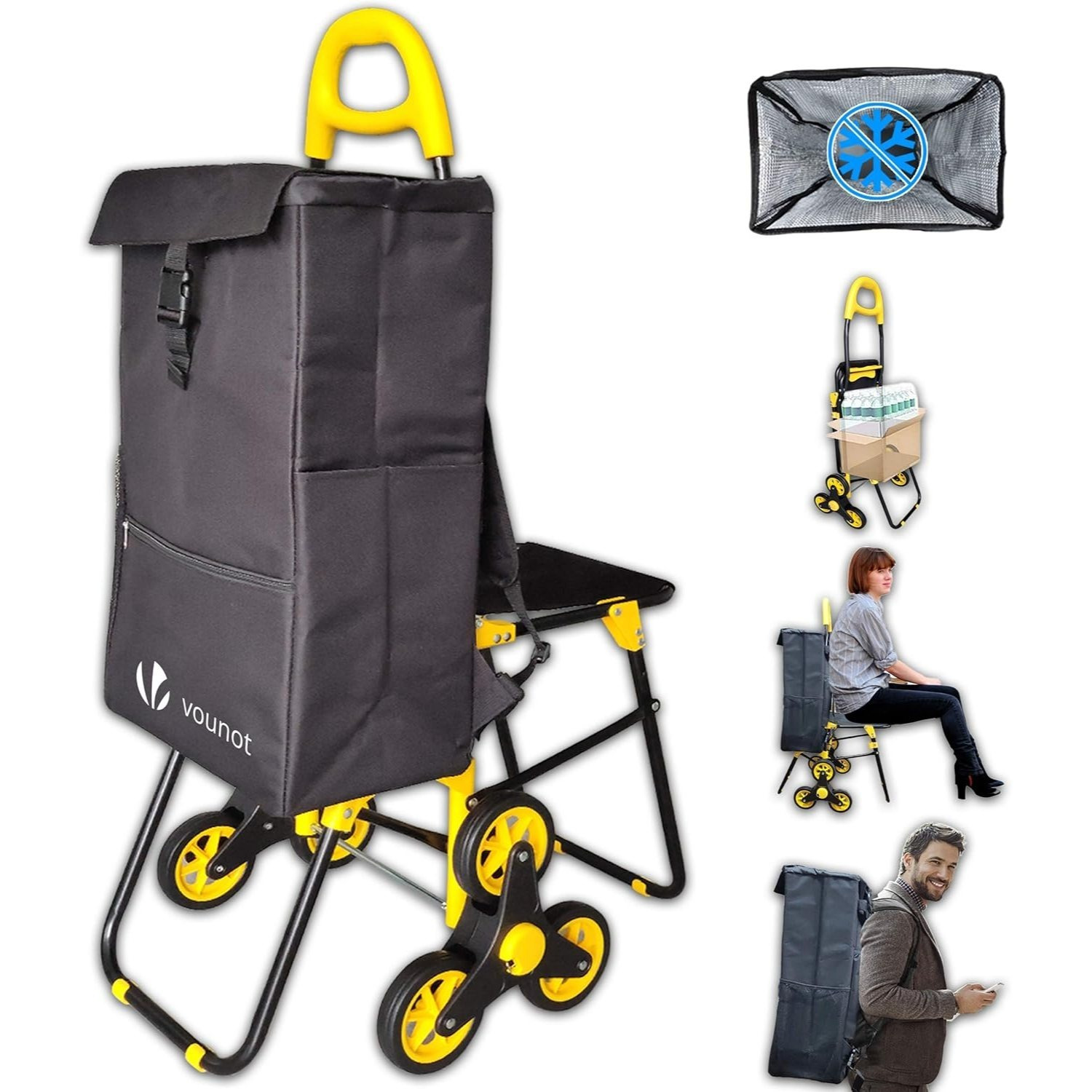 OPVALLINGDE Boodschappentrolley met Zitje en Geïsoleerde Afneembare Tas 40L Volume - 6-Wiel Trapklimmer Boodschappentrolley voor Kamperen, Shoppen en Bezorging Geel