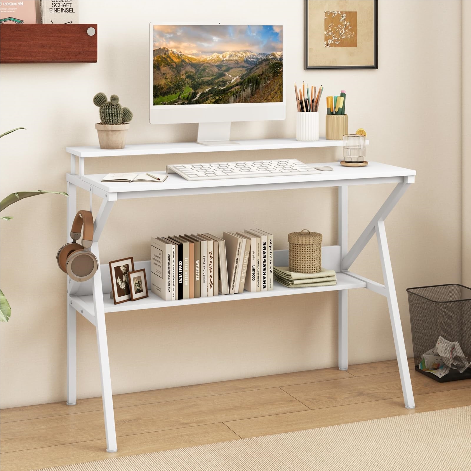 Desk With Monitor Stand, 100 X 50 Cm Small Computer Table, Pc Desk With Shelf, Hooks & Metal Frame, Modern Wooden Office Desk, Workstation For Home Office, White