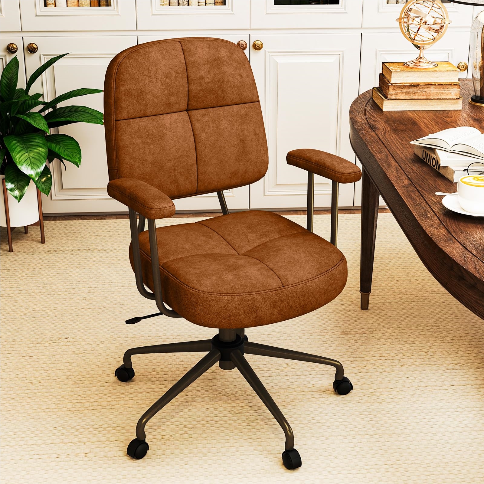 Image of Office Chair, Ergonomic Swivel Chair With Armrests & Wheels, Padded Computer Chair, Height-adjustable, Tilt Function, Desk Chair For Bedroom & Study, Brown