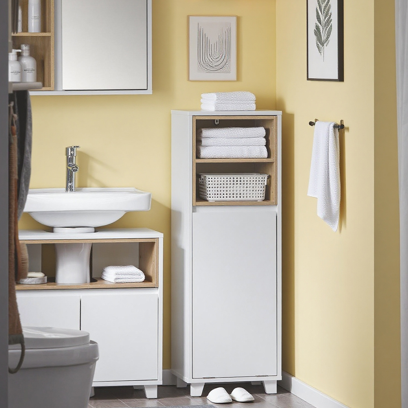 Image of 1pc Of Bathroom Cabinet, Bathroom Shelf, Half-column Furniture On A Pedestal, Cabinet For Narrow Toilet With 1 Laundry Basket, White, 35x30x105cm - Cas247-x