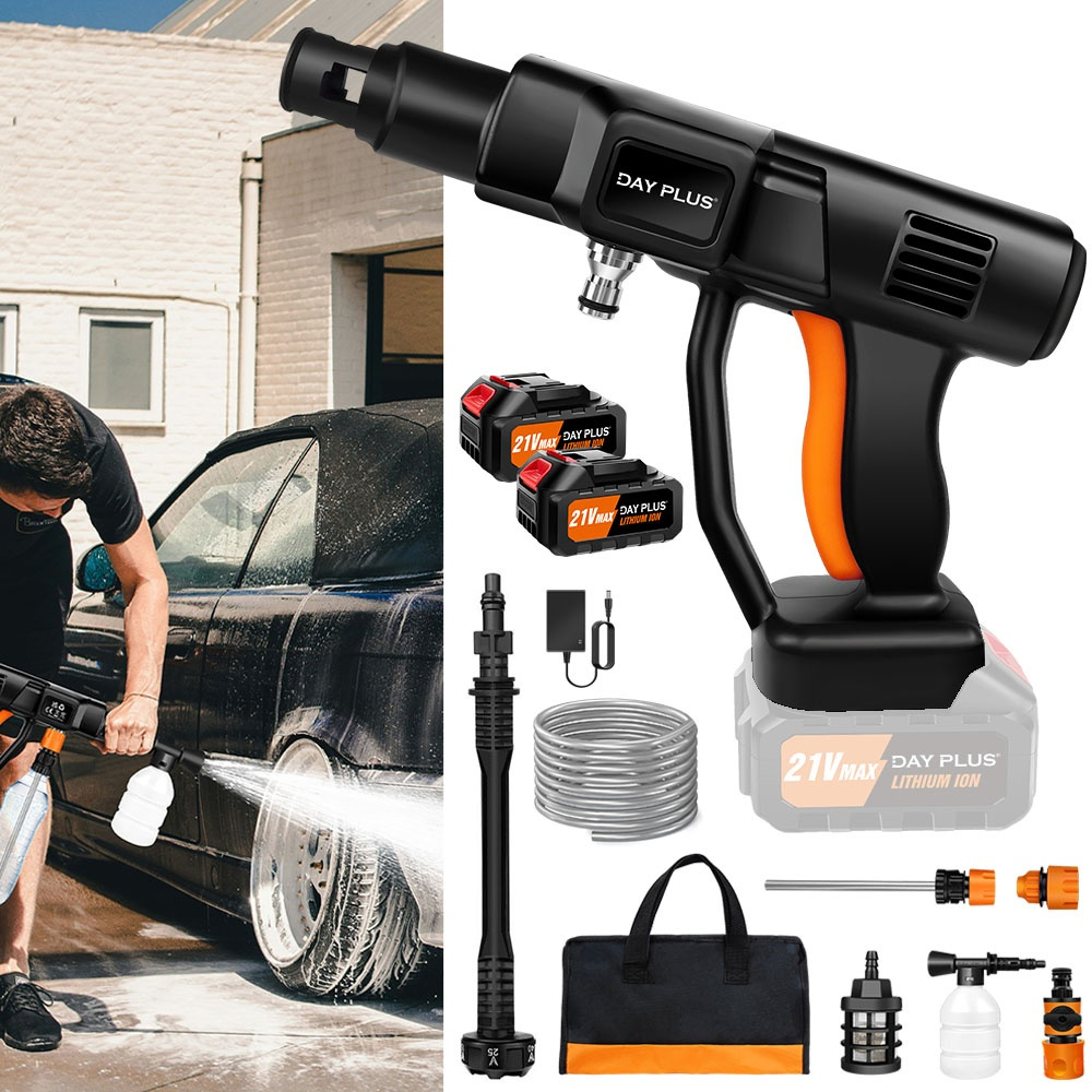 E-shop [Kabellose Autowäscher] Elektrische Autowaschmaschine, 2X Akku-Set, Tragbare Autowaschmaschine mit 6-in-1 Düsen, 5m Schlauch, Filterkorb und