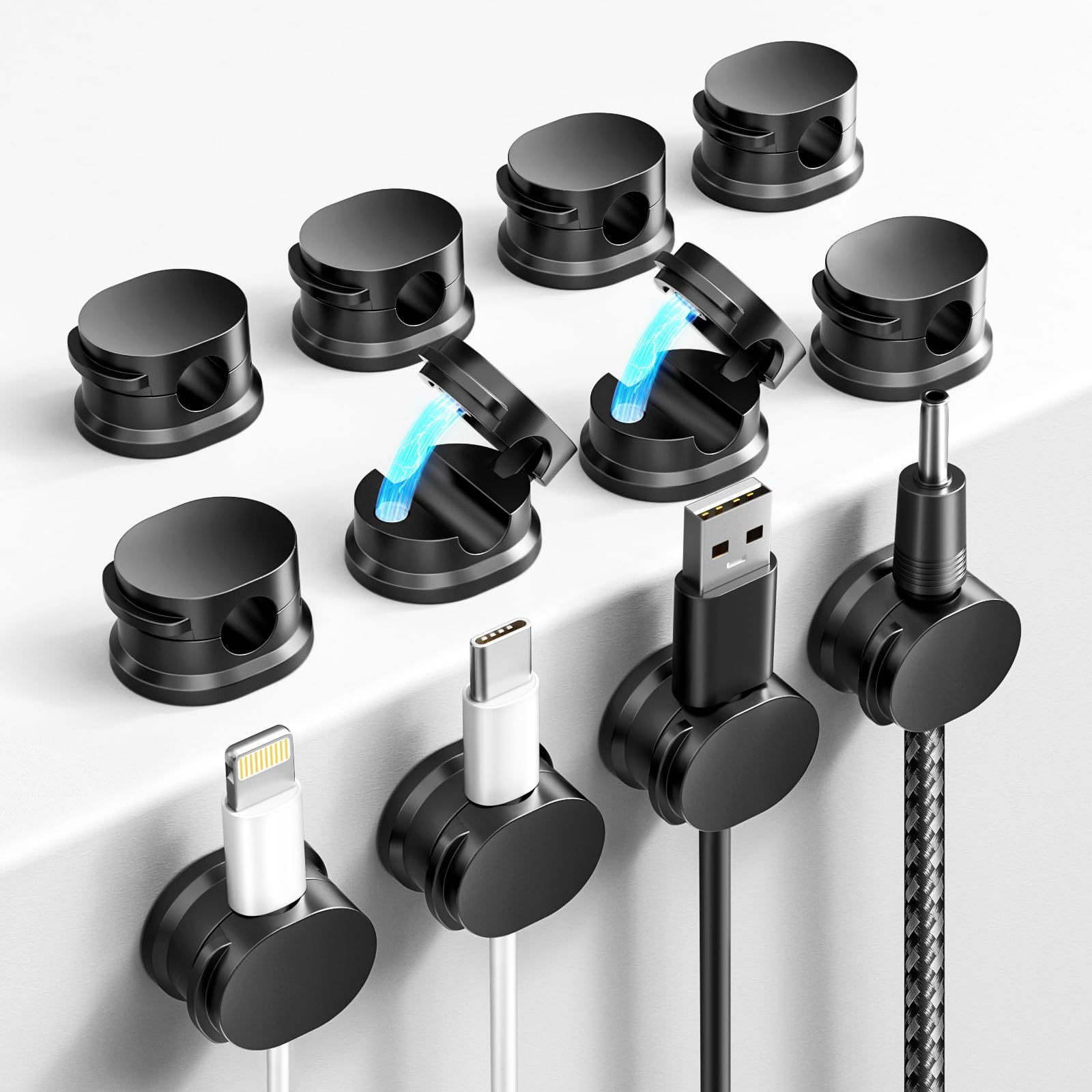 E-shop 12 Stück Schwarze Kabelclips aus Kunststoff - Stilvolle Kabelhalter für Schreibtische, Zuhause, Autos und Büros - Ein praktisches Gadget für