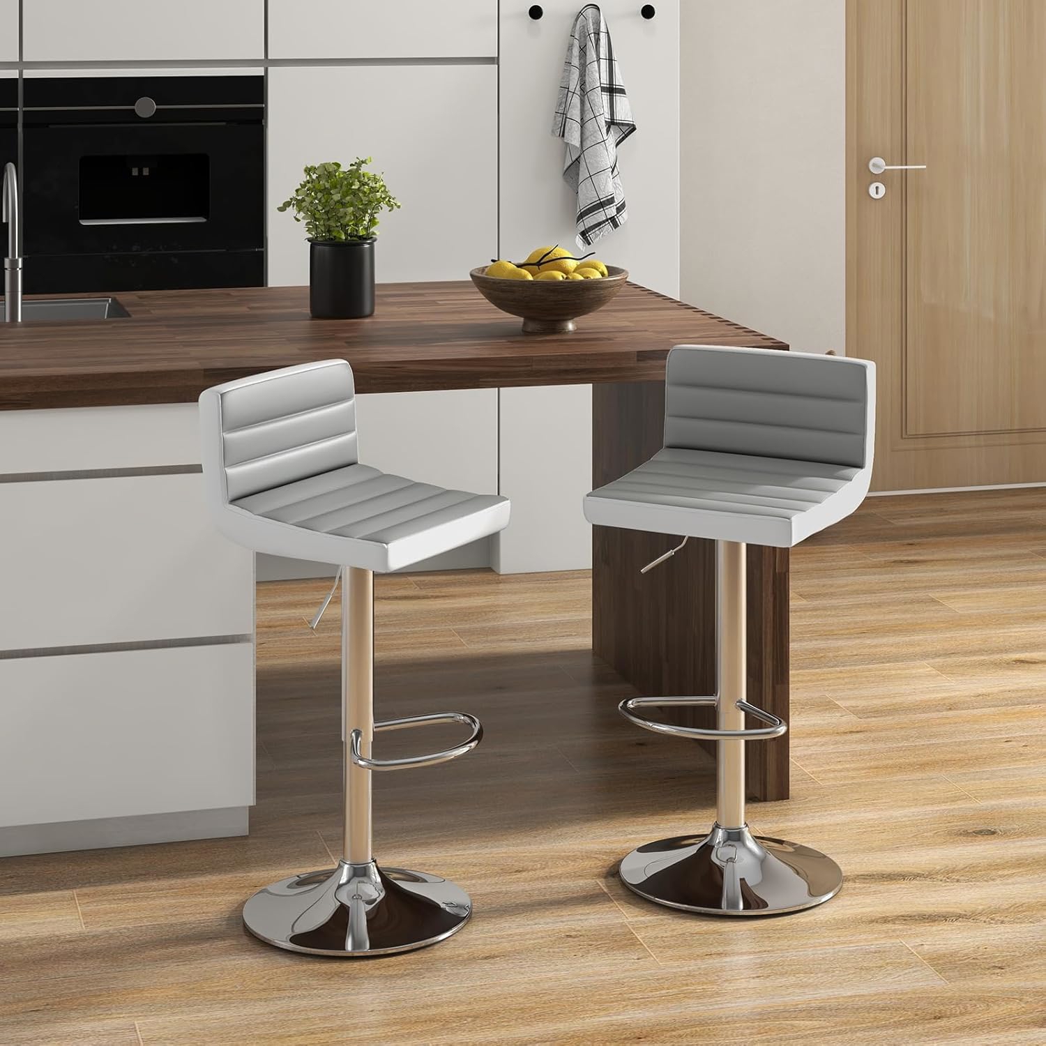 Bar Stool Set Of 2/4, Adjustable Swivel Bar Chairs With Anti-slip Metal Base & Footrest, Pu Leather Dining Stools For Kitchen Island, Pub & Cafe, Gray & White