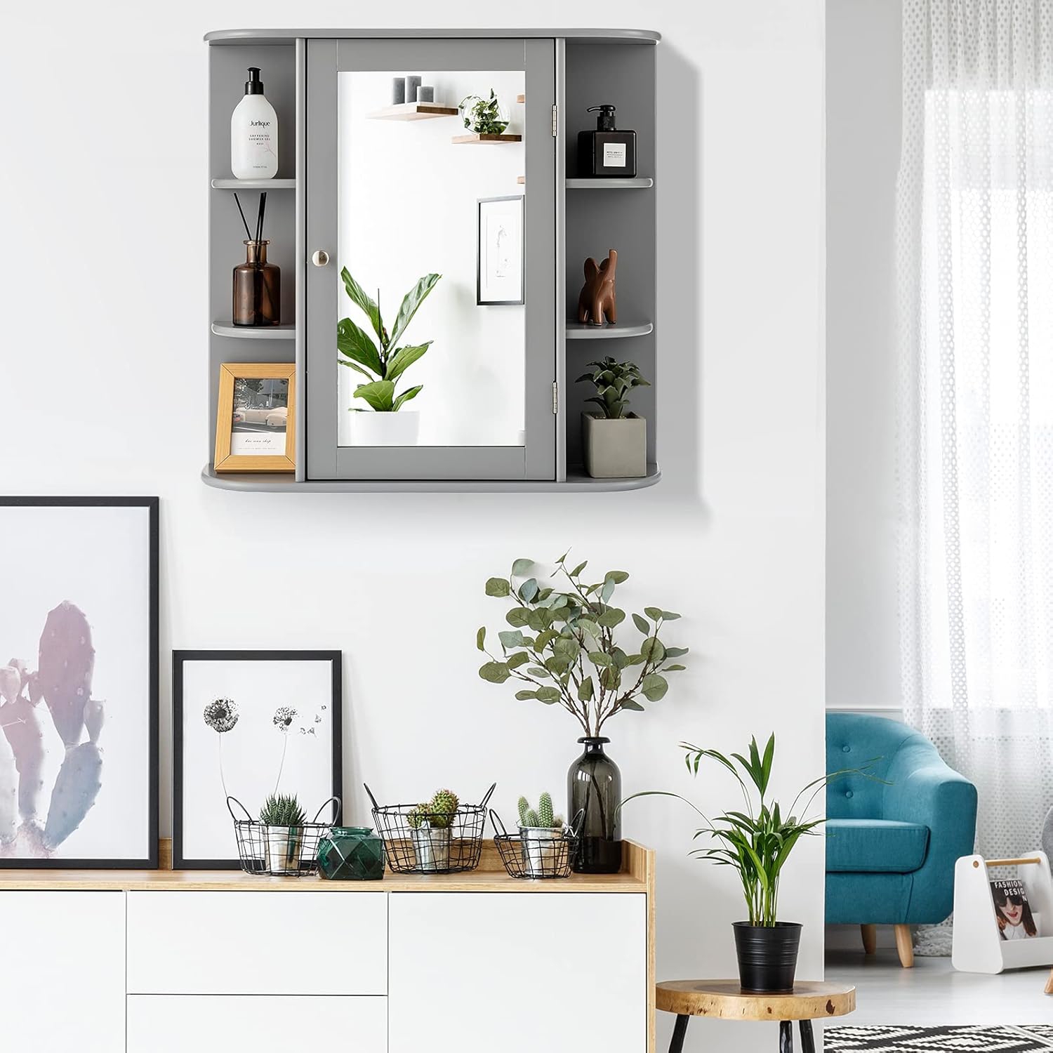 Image of Bathroom Medicine Cabinet W/ Mirror, Wall Mounted Storage Cabinet W/ Mirror Door, Open Shelves & Adjustable Shelves, Wall Cabinet For Bathroom Laundry Room Entryway, 26" X 6.5" .5"