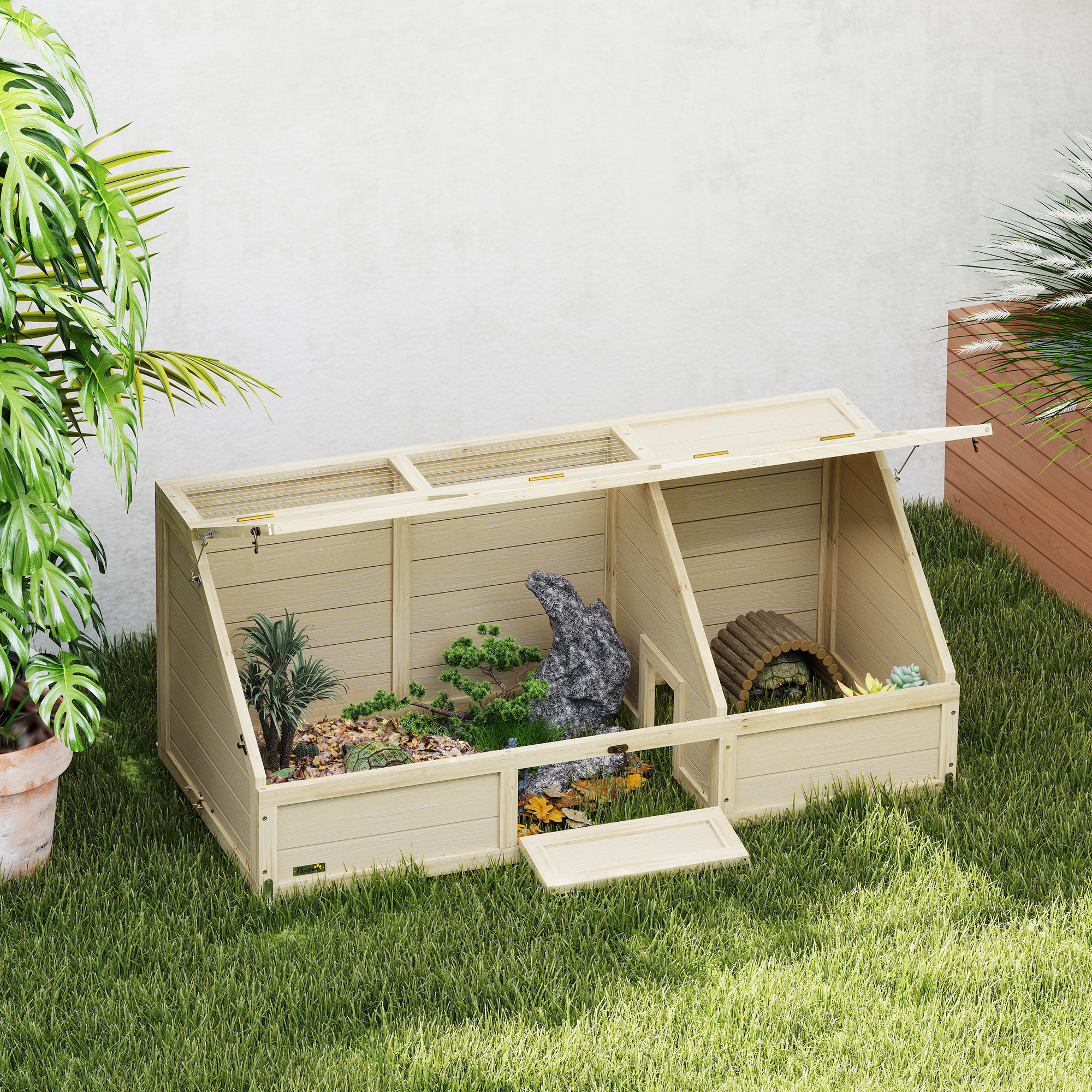 Image of Wooden , Turtle Enclosure With 2 Main Houses, Top, Lockable Reptile Cage For Amphibians, Indoor Outdoor, 120 X 55 X 50 Cm, Natural