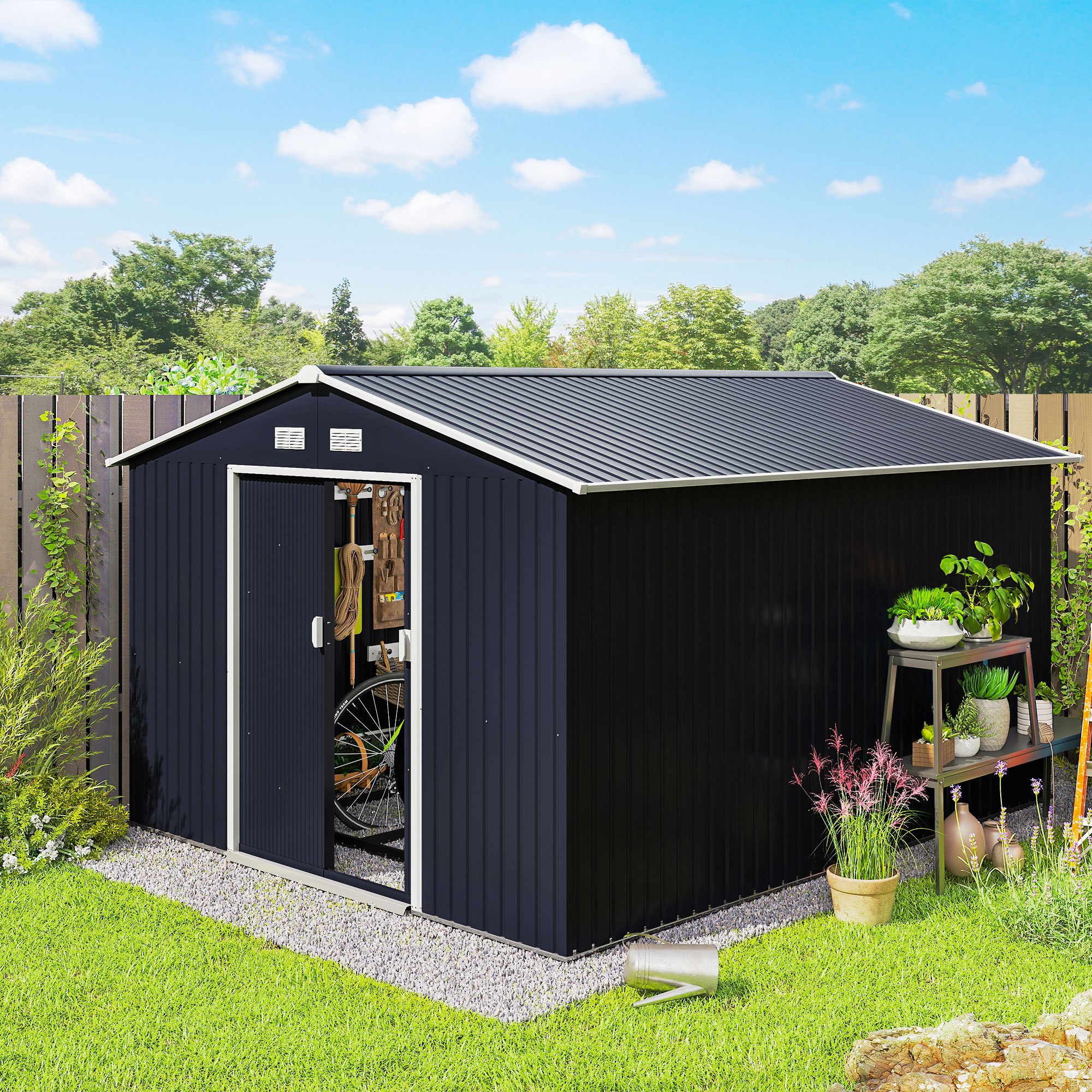 Outsunny Outdoor Garden Shed, 8.3 M² (277x322x192 Cm) With 2 Sliding Doors And Reinforced Base (floor Not Included), For Patio Or Terrace, Grey, Temporary Detachable Storage Shed